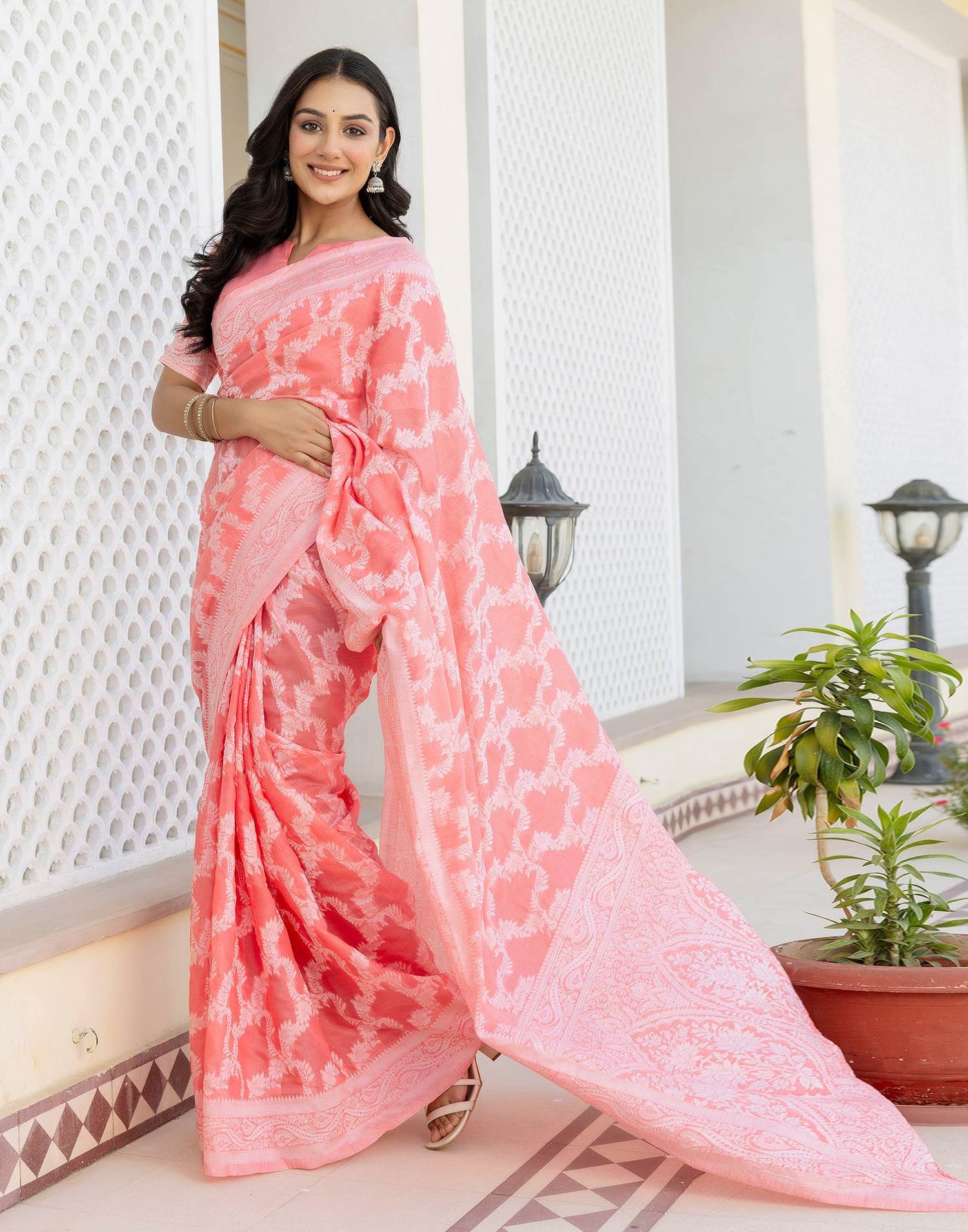 Coral Pink Cotton Woven Saree