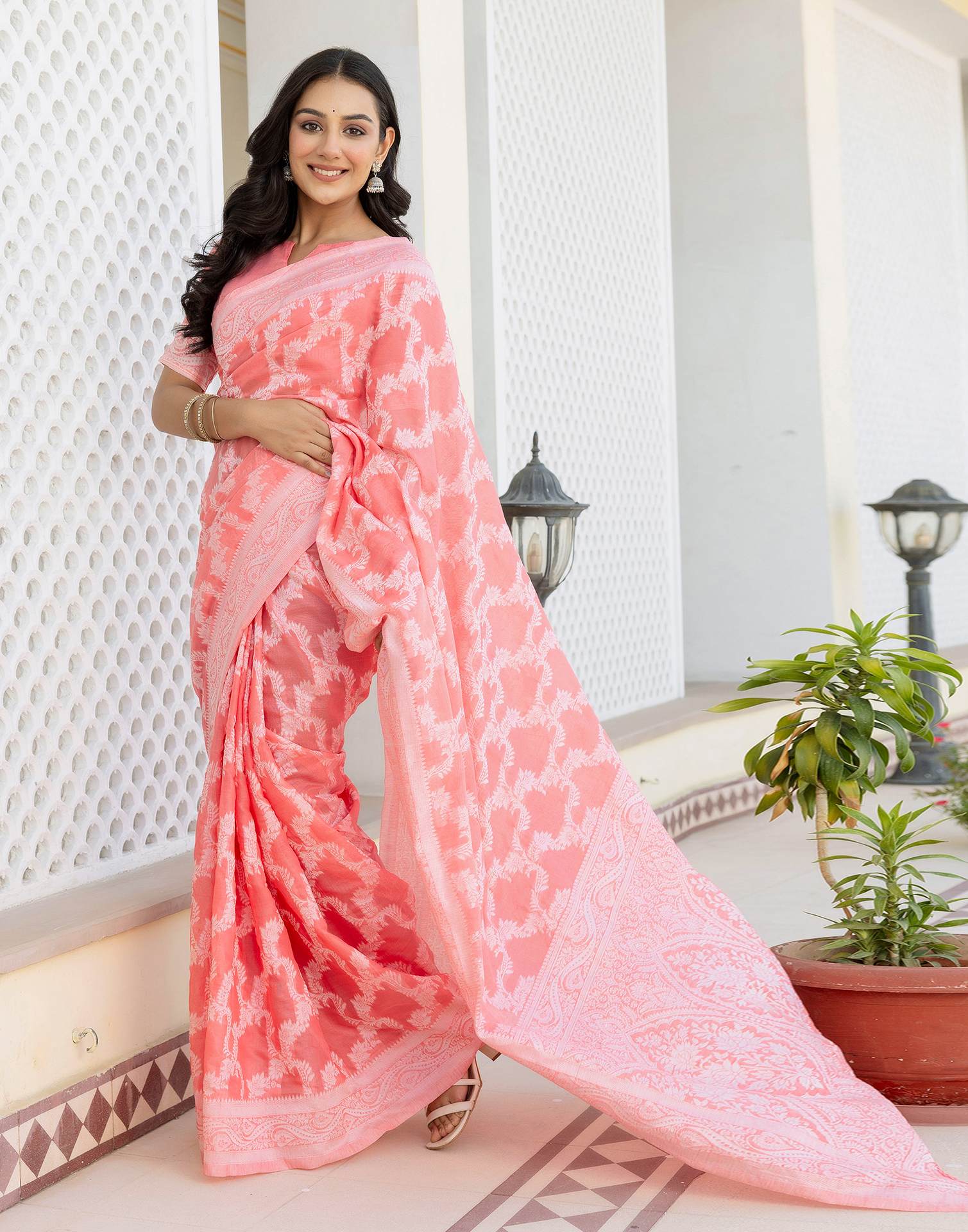 Coral Pink Cotton Woven Saree