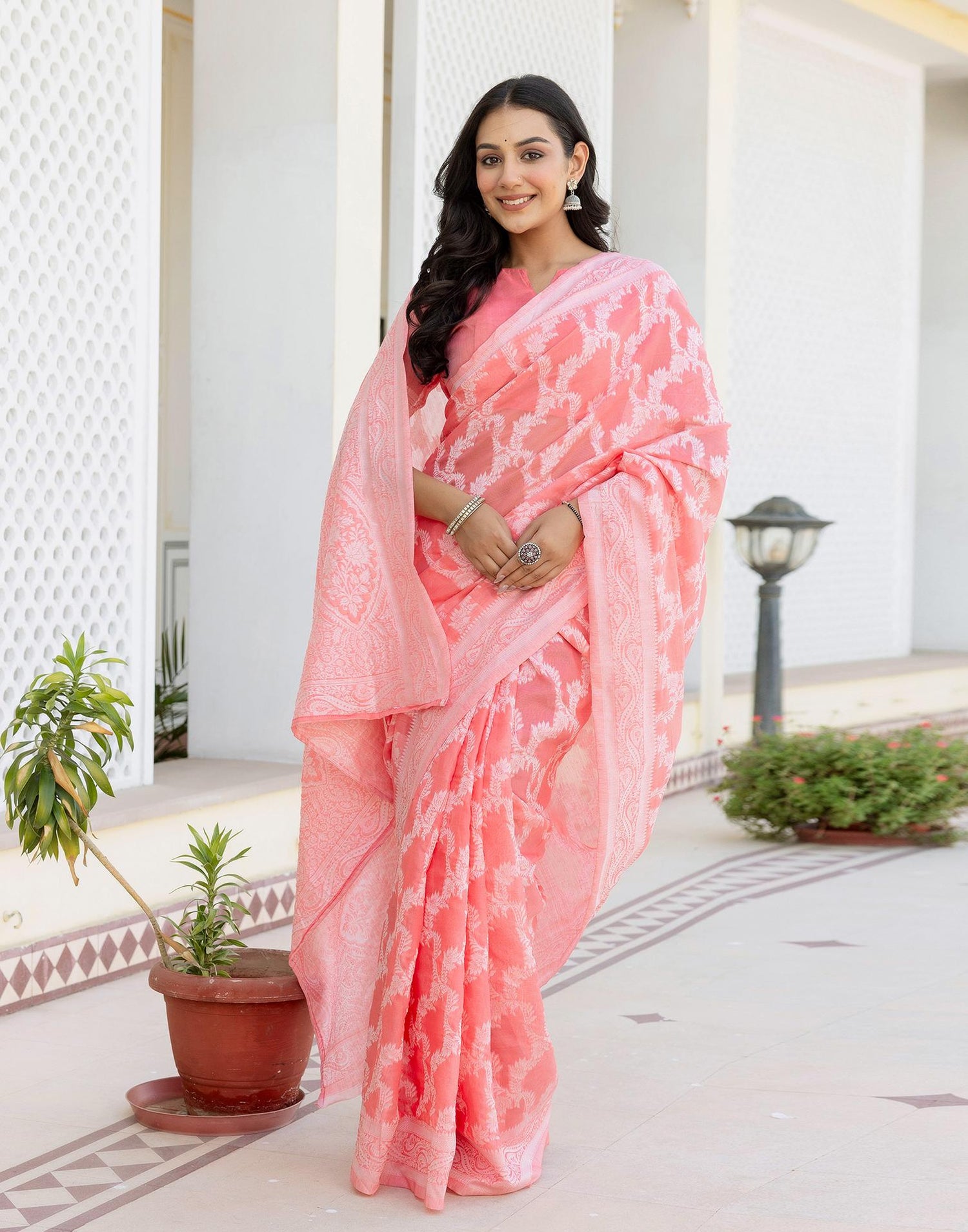Coral Pink Cotton Woven Saree