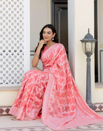 Coral Pink Cotton Woven Saree