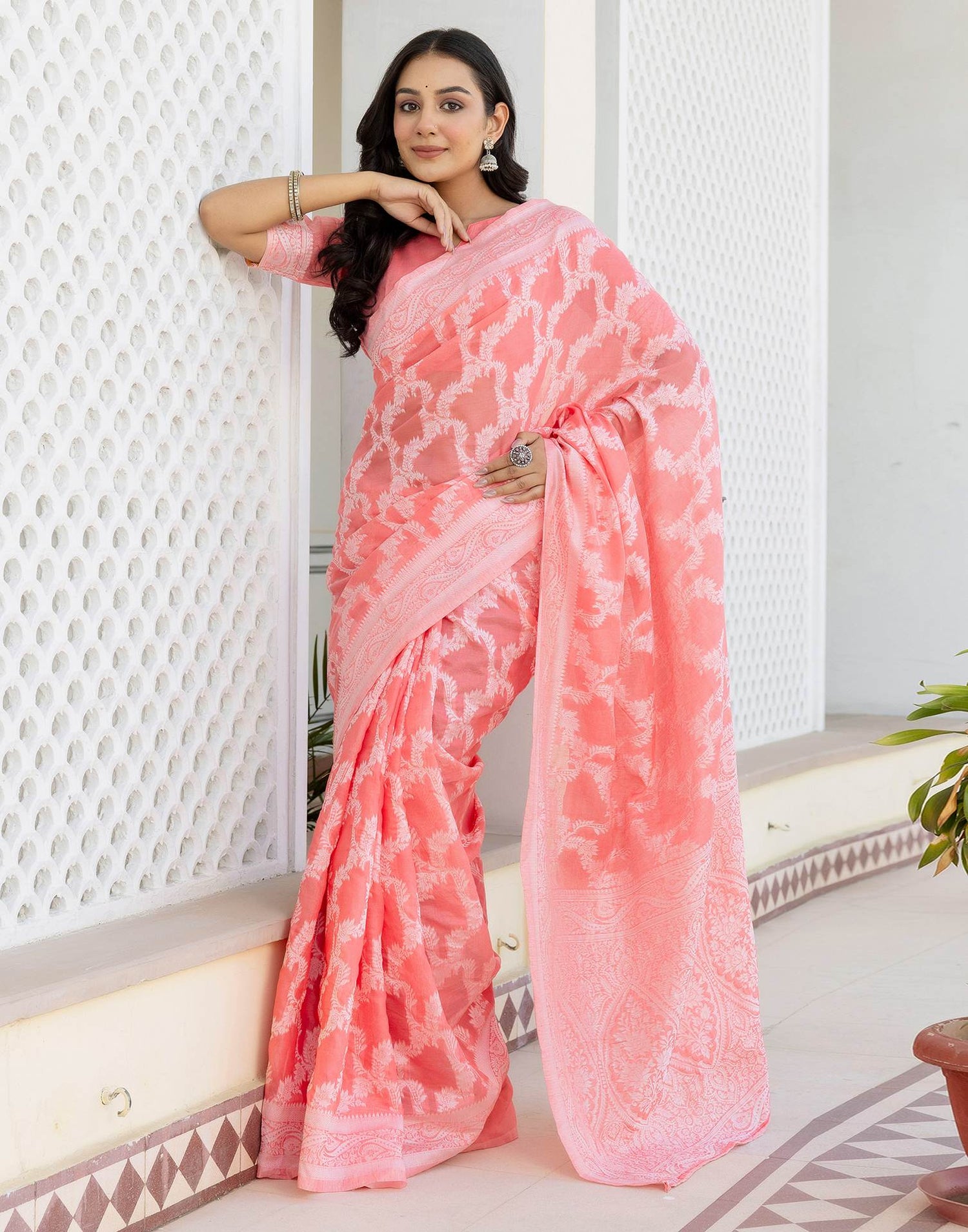 Coral Pink Cotton Woven Saree