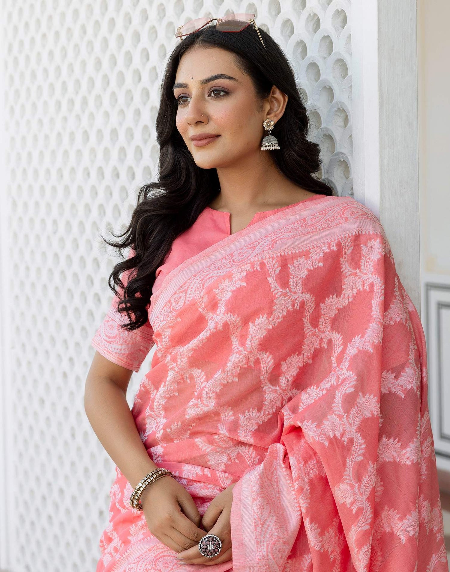 Coral Pink Cotton Woven Saree