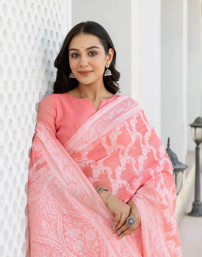 Coral Pink Cotton Woven Saree
