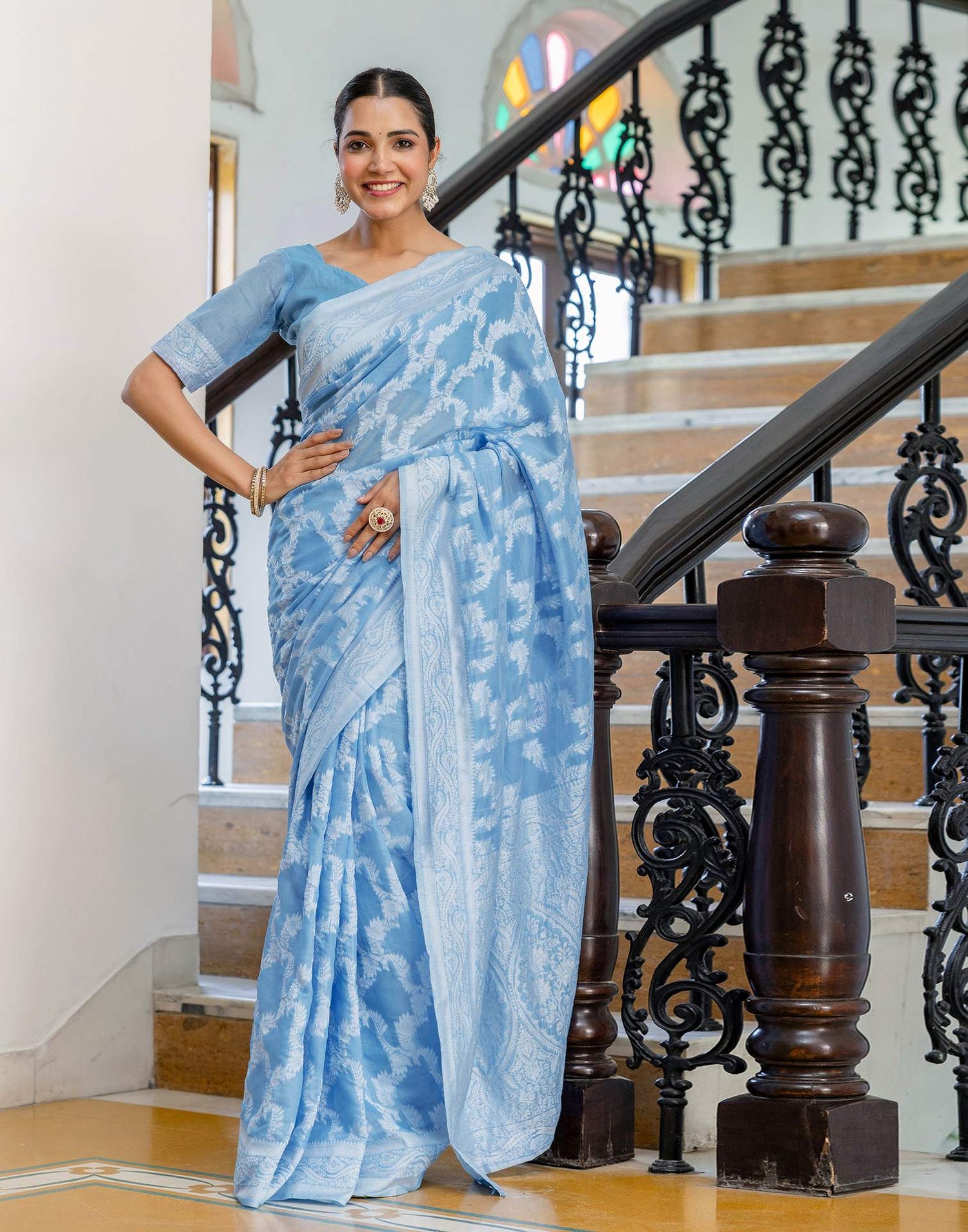 Dusty Blue Cotton Woven Saree