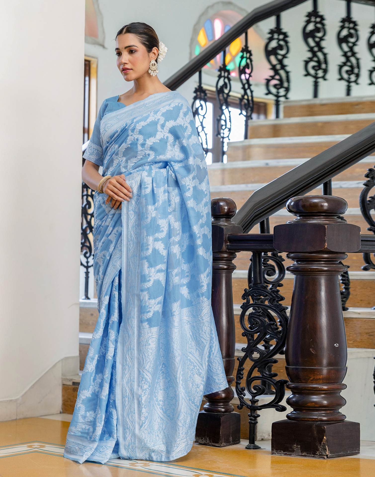 Dusty Blue Cotton Woven Saree