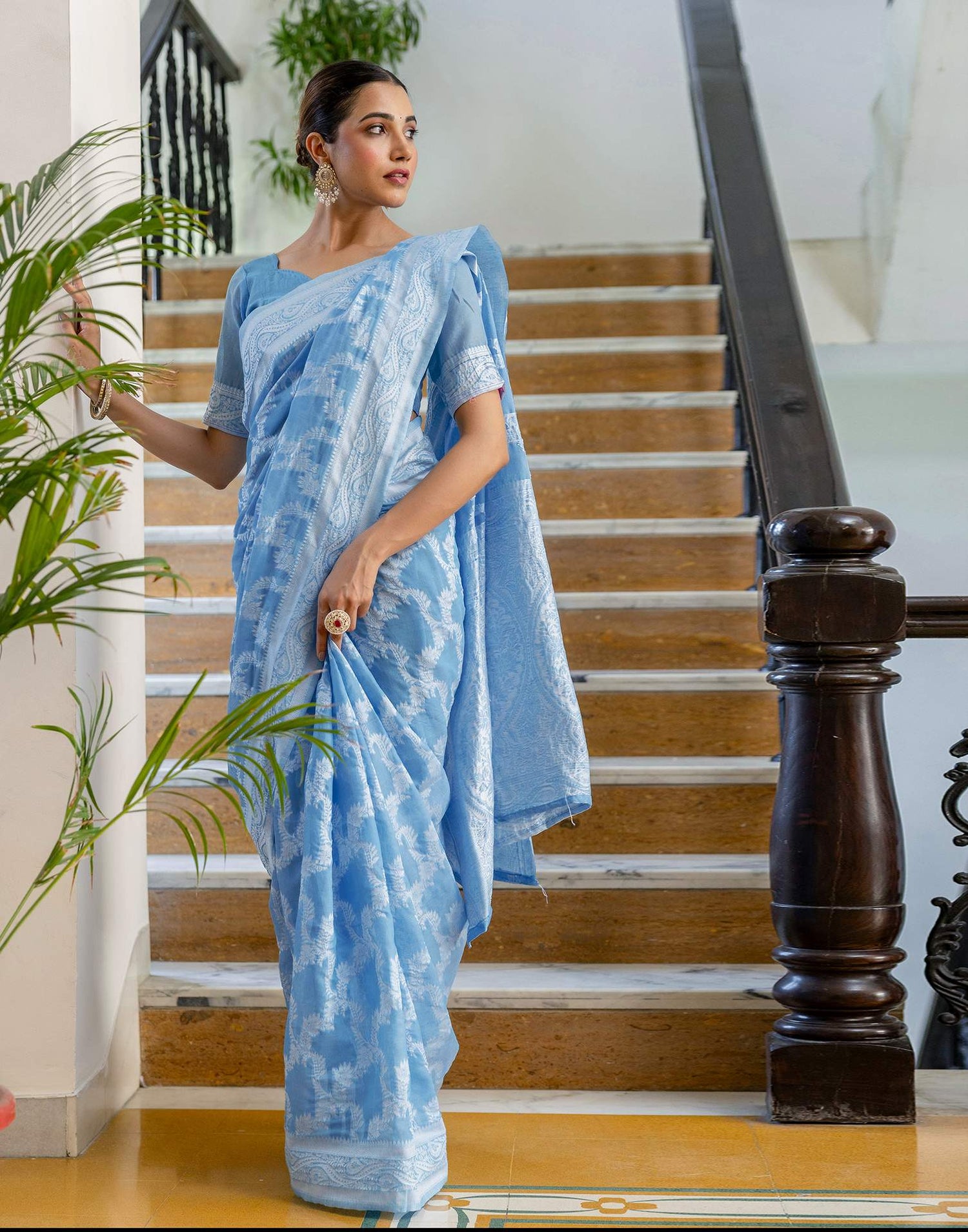 Dusty Blue Cotton Woven Saree