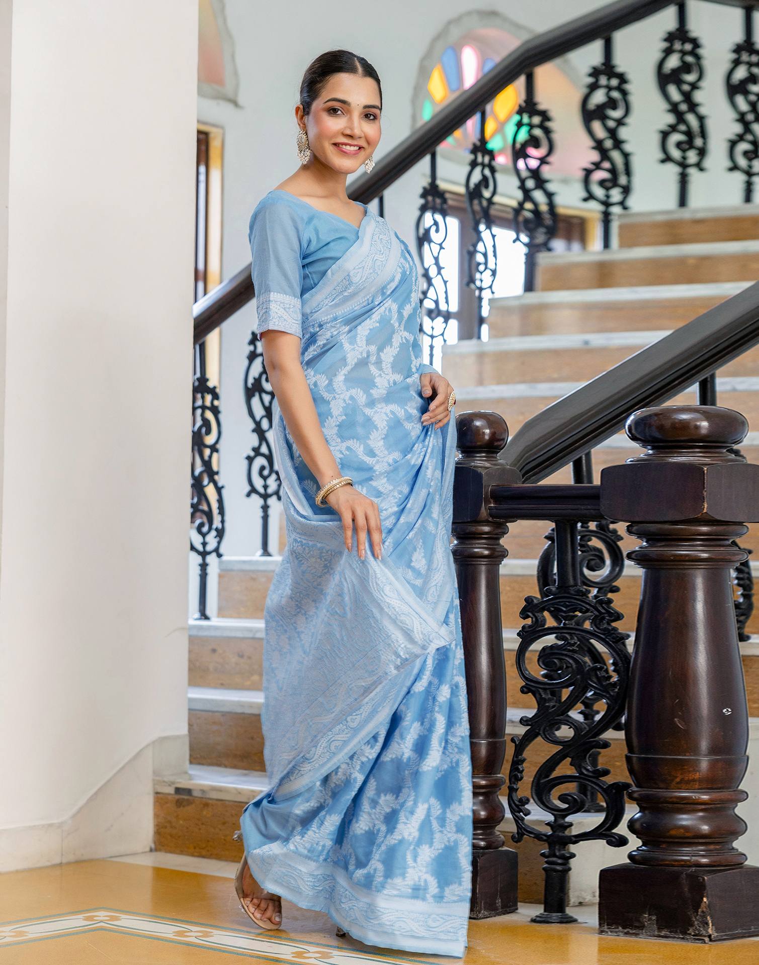 Dusty Blue Cotton Woven Saree