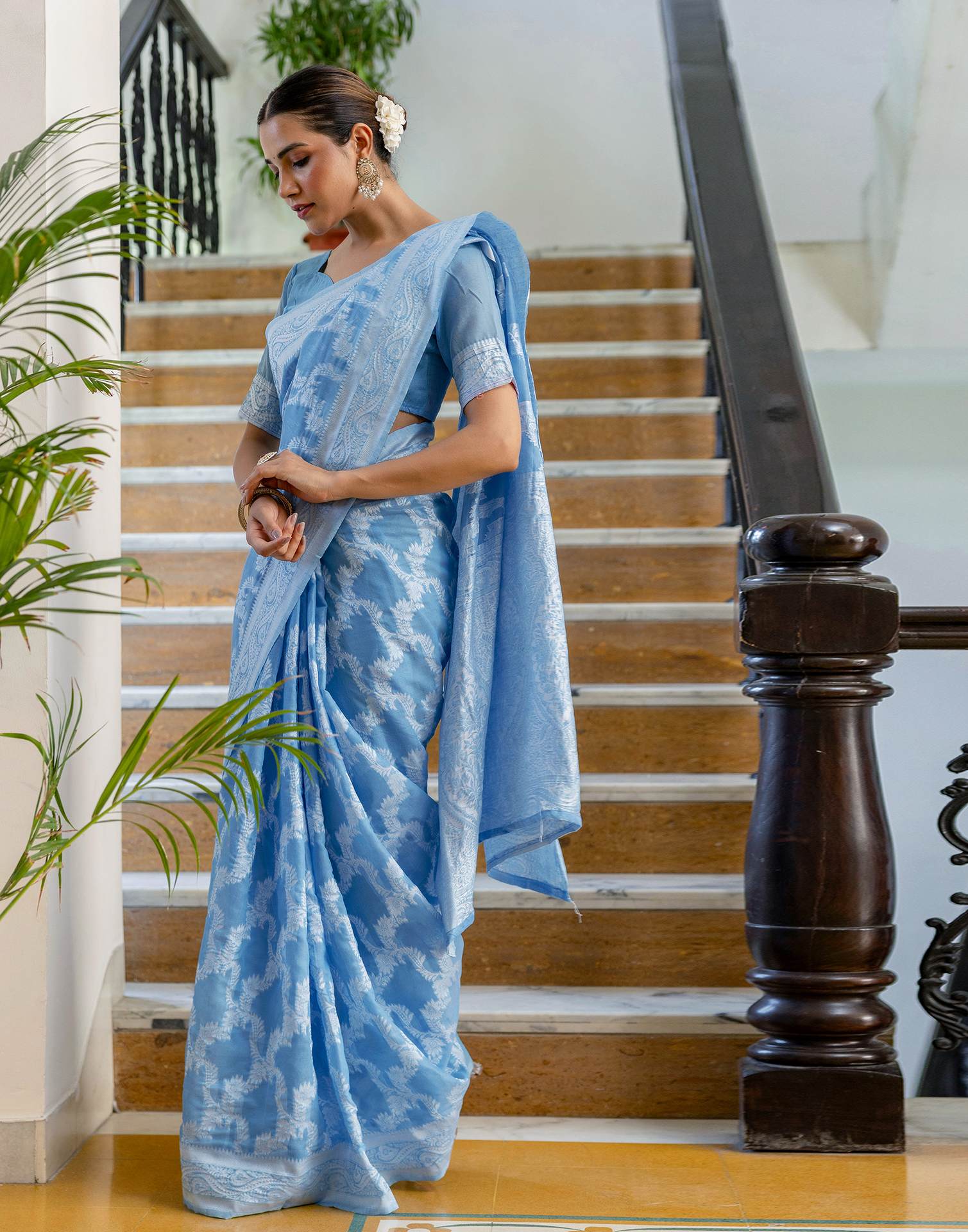 Dusty Blue Cotton Woven Saree