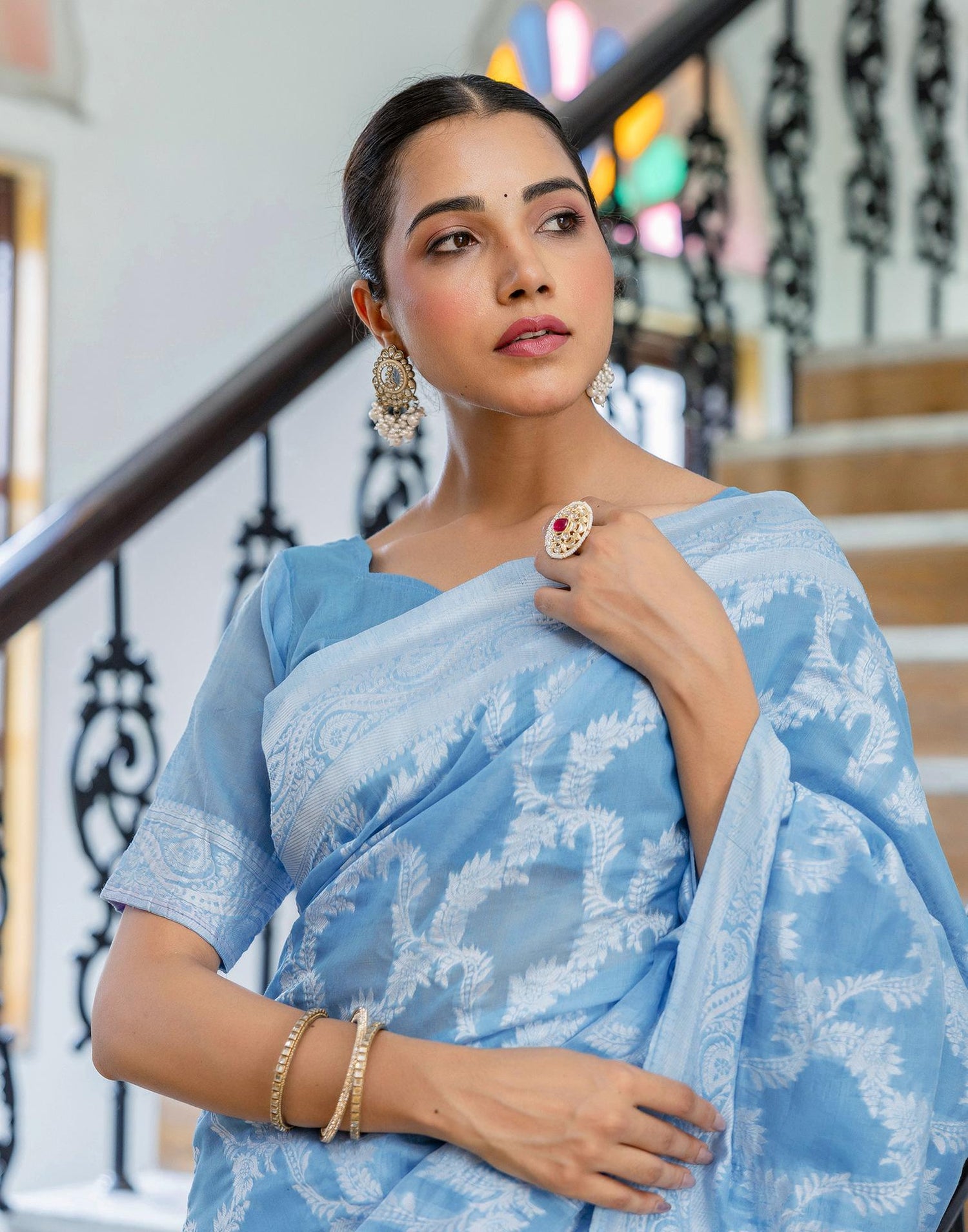 Dusty Blue Cotton Woven Saree