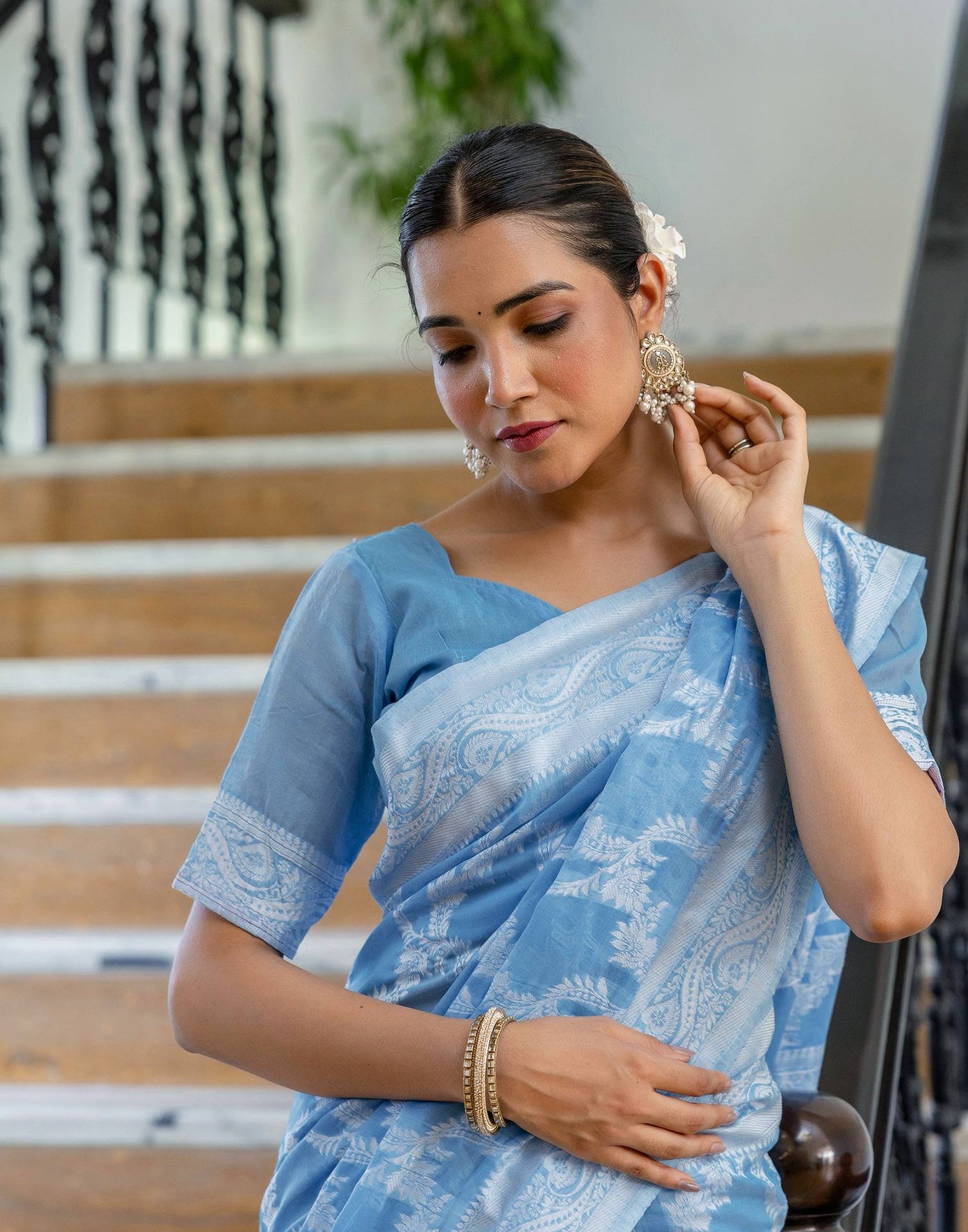 Dusty Blue Cotton Woven Saree