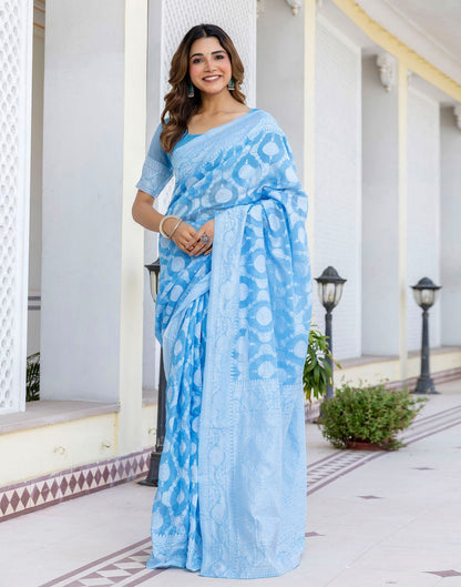 Dusty Blue Cotton Woven Saree
