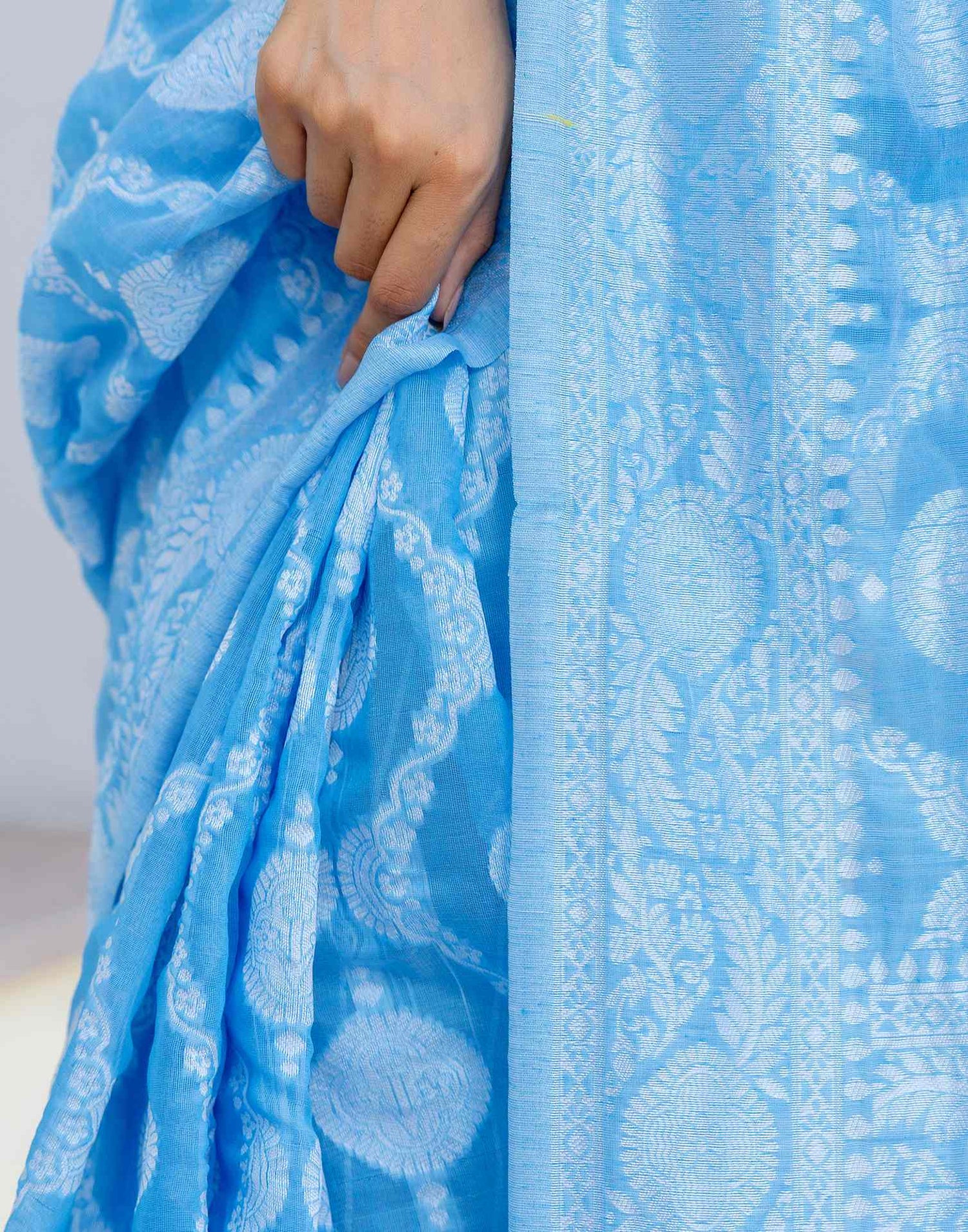 Dusty Blue Cotton Woven Saree