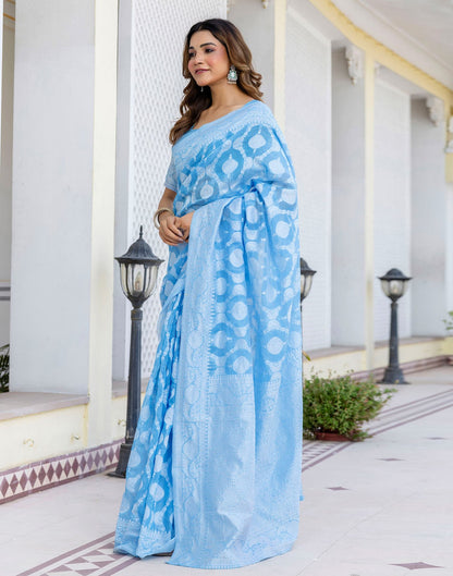 Dusty Blue Cotton Woven Saree