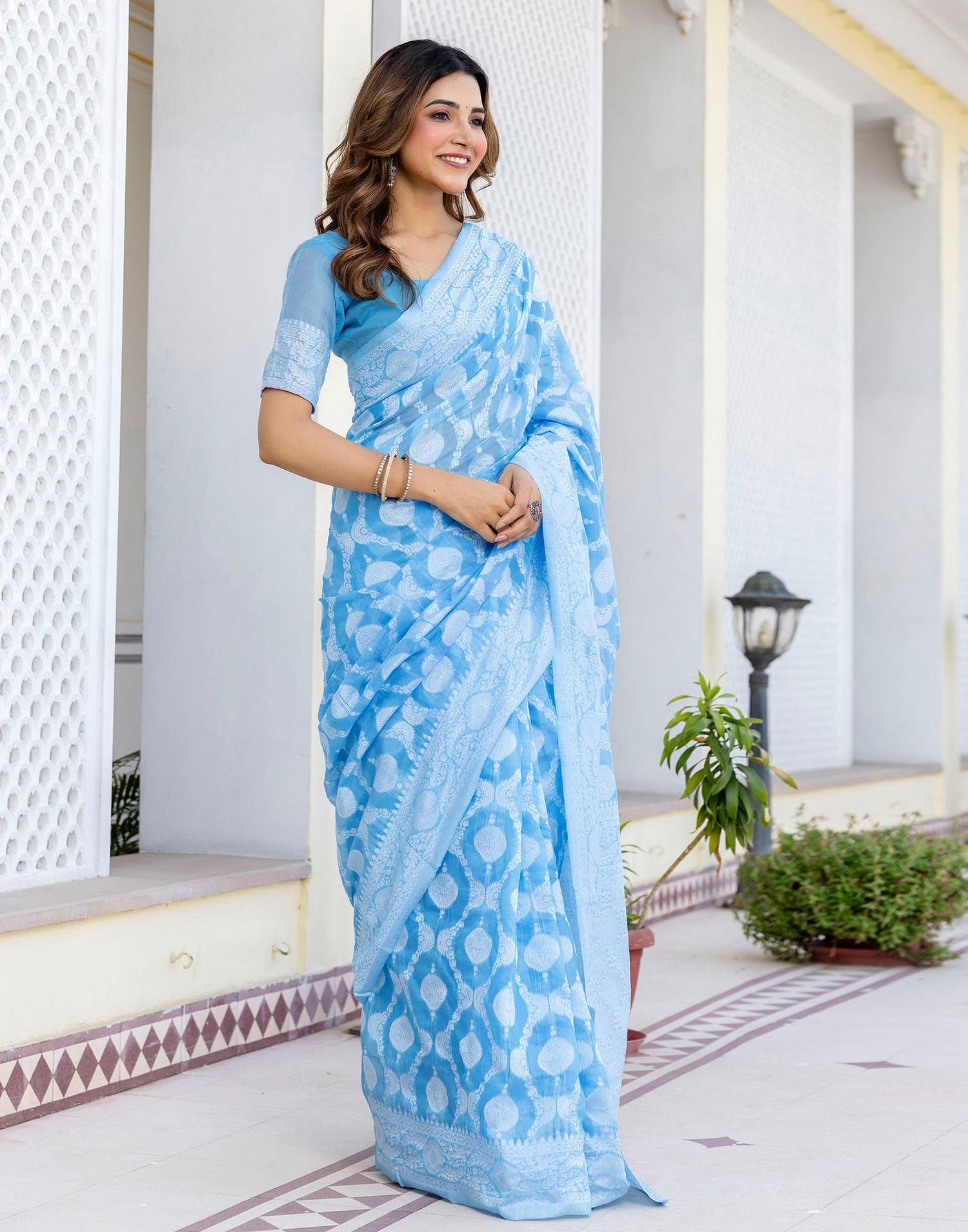 Dusty Blue Cotton Woven Saree