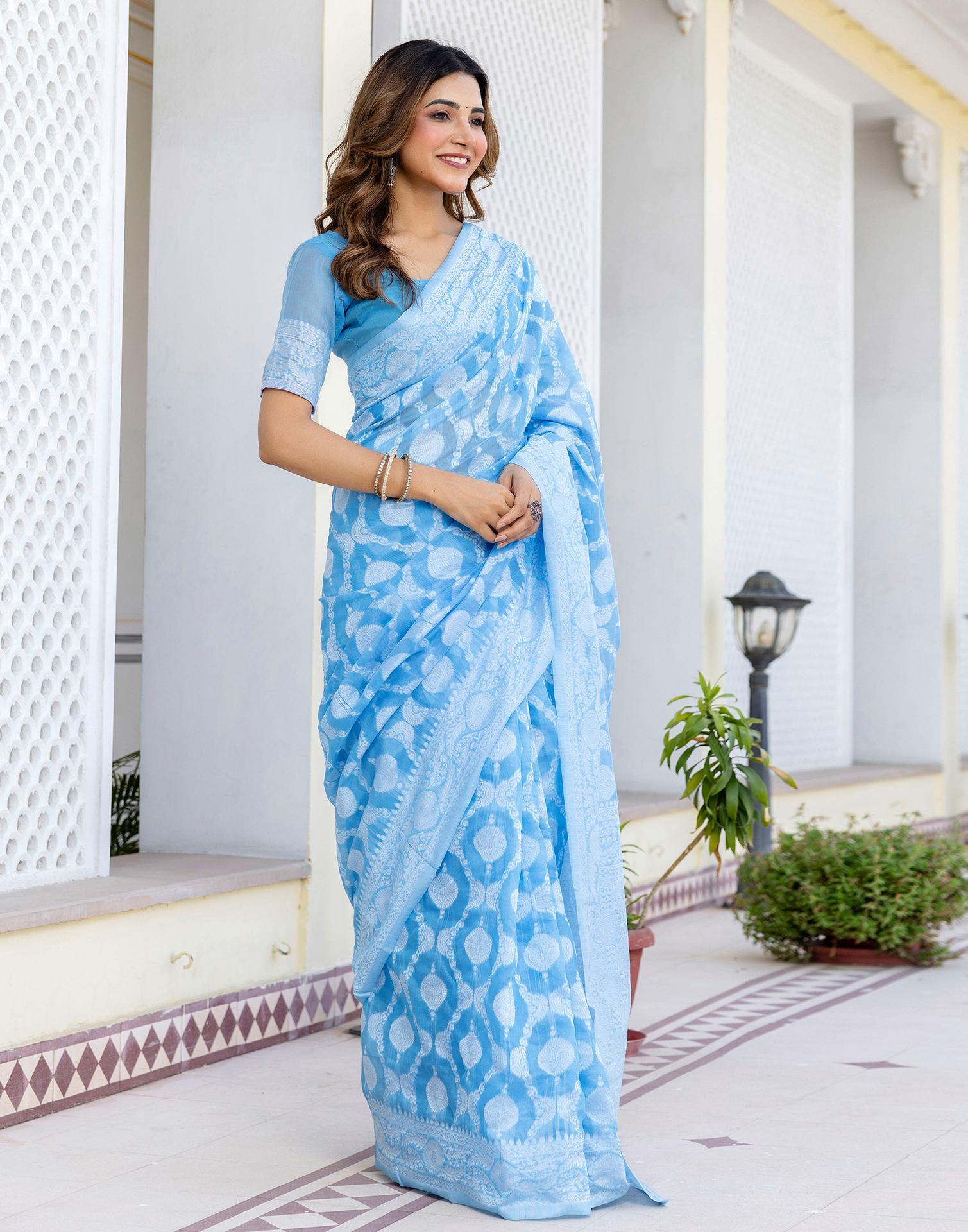 Dusty Blue Cotton Woven Saree
