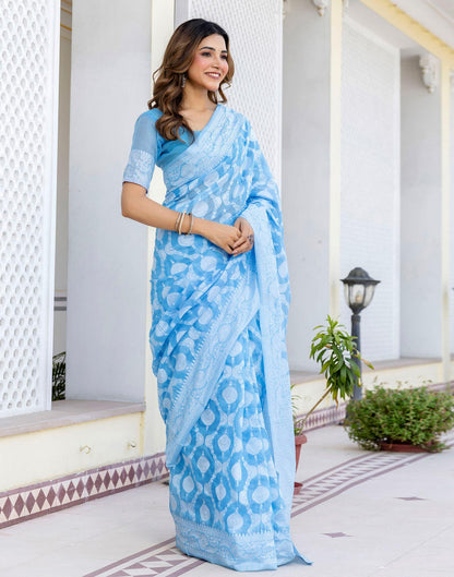 Dusty Blue Cotton Woven Saree