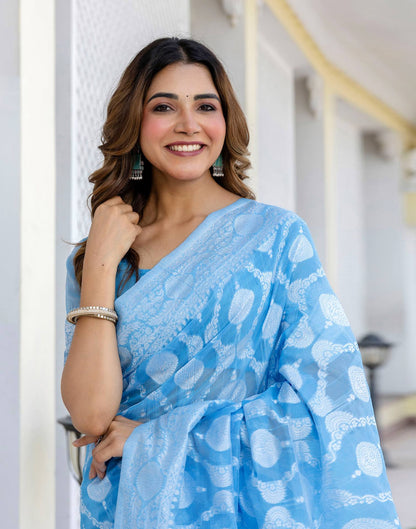 Dusty Blue Cotton Woven Saree