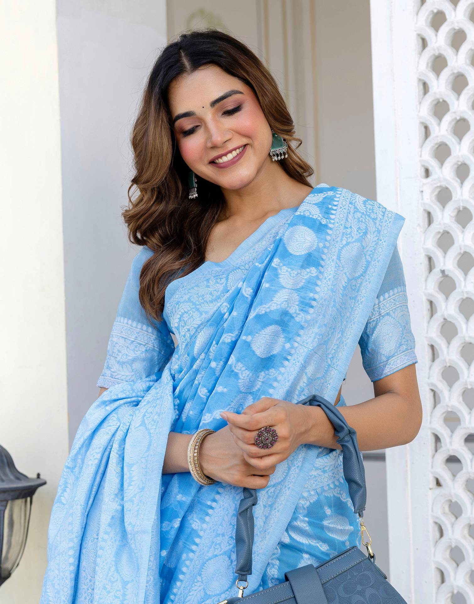 Dusty Blue Cotton Woven Saree