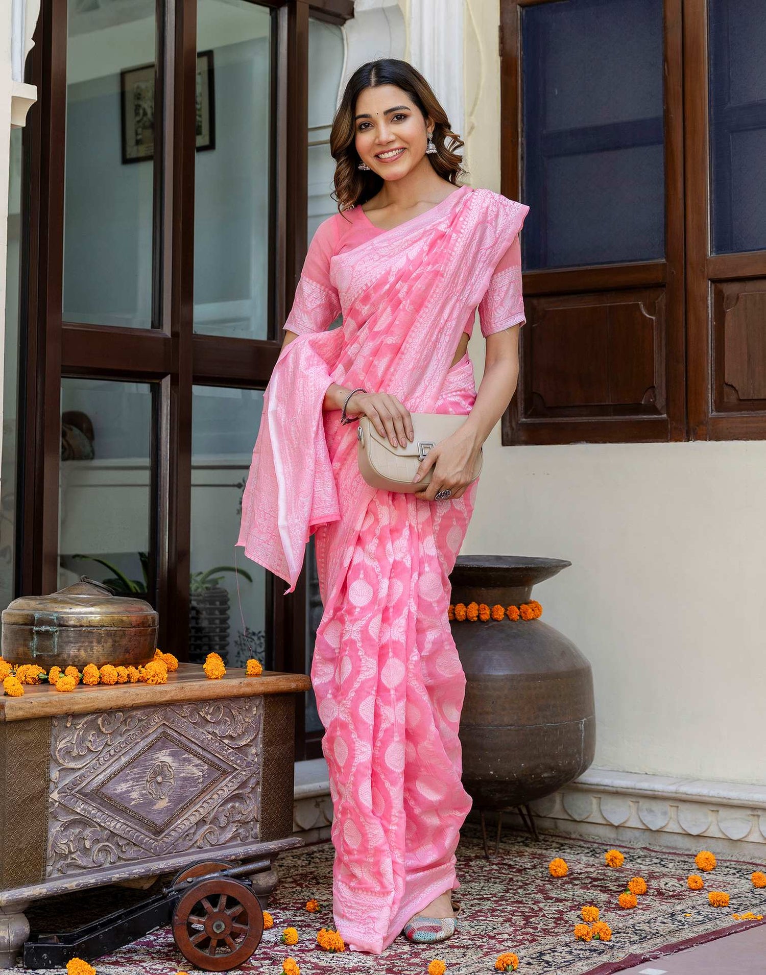 Bright Pink Cotton Woven Saree