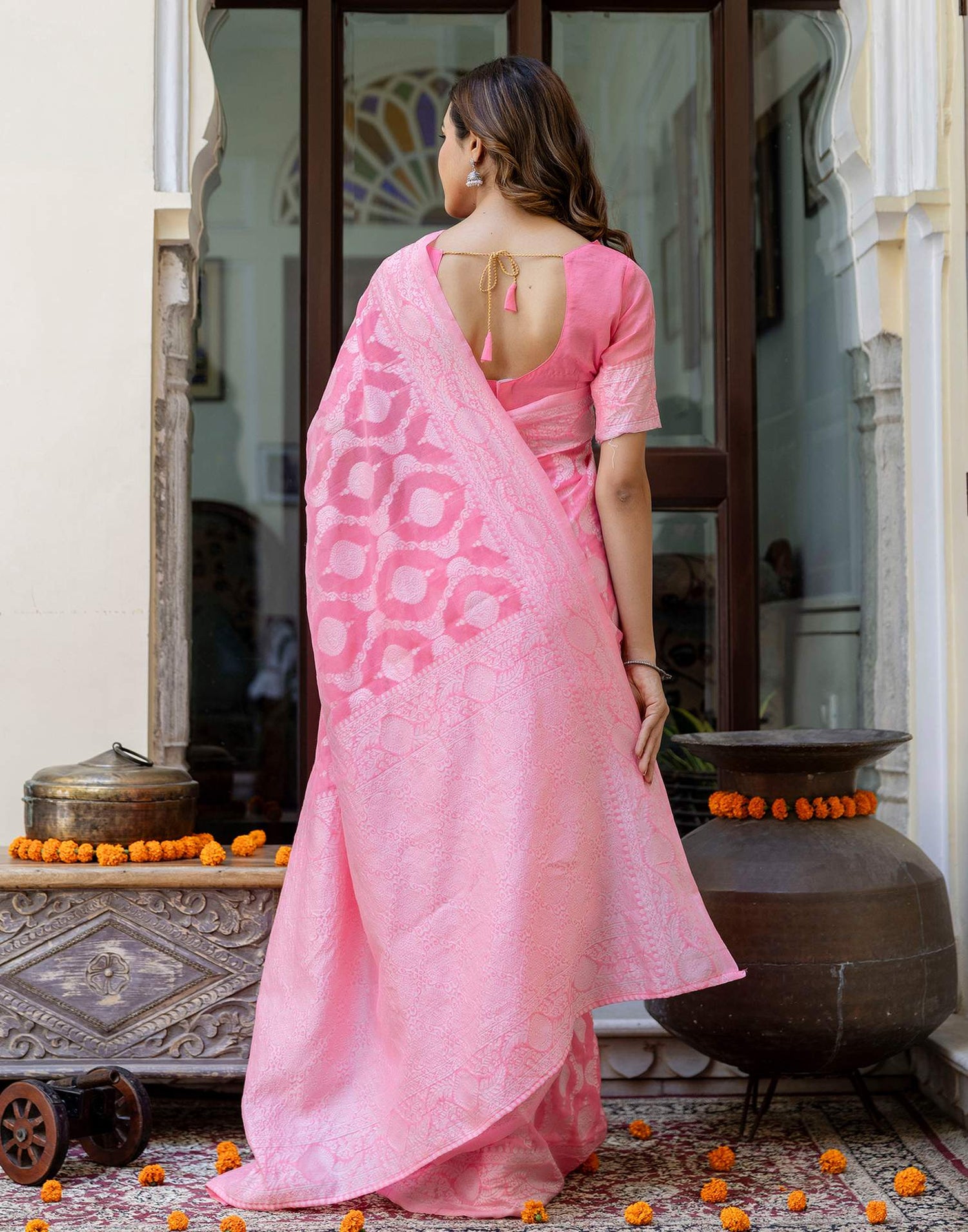 Bright Pink Cotton Woven Saree