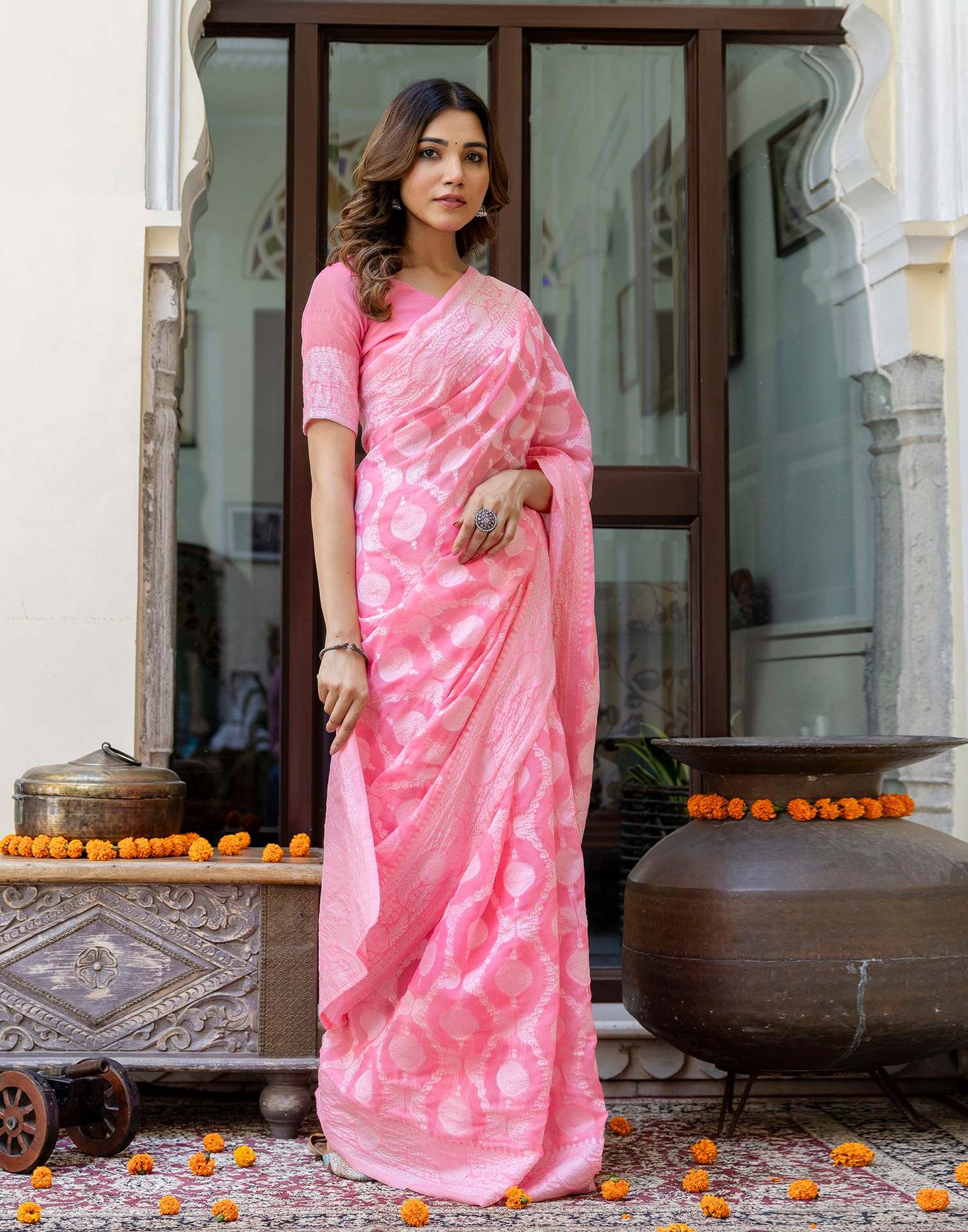 Bright Pink Cotton Woven Saree