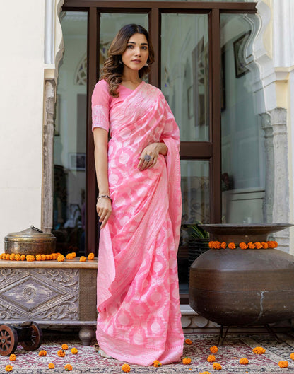 Bright Pink Cotton Woven Saree