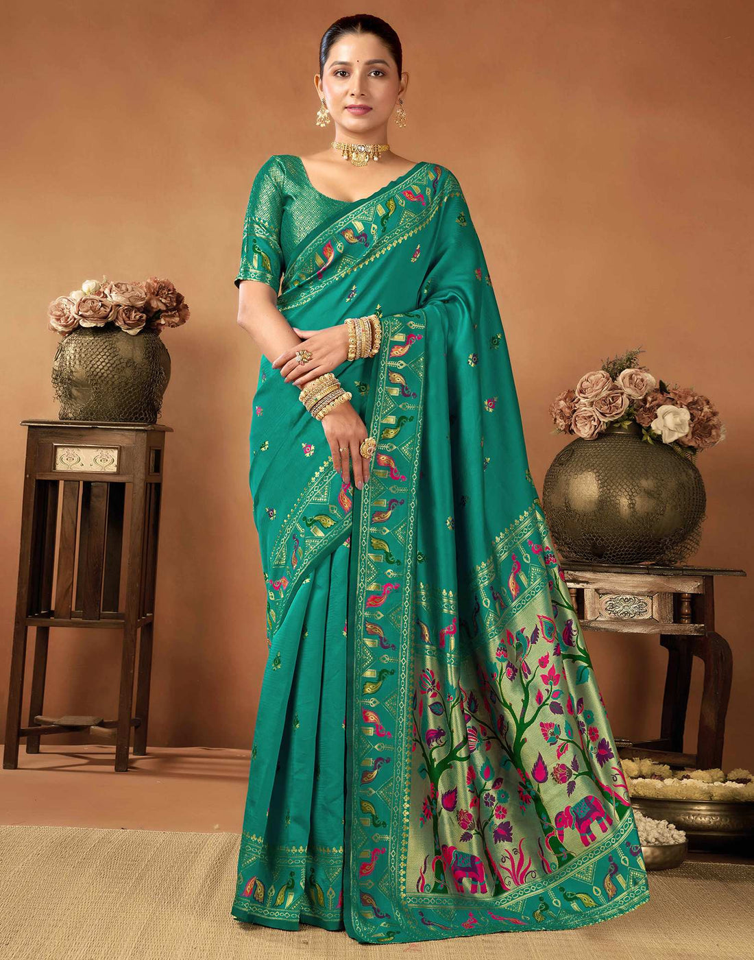 Teal Green Silk Woven Paithani Saree