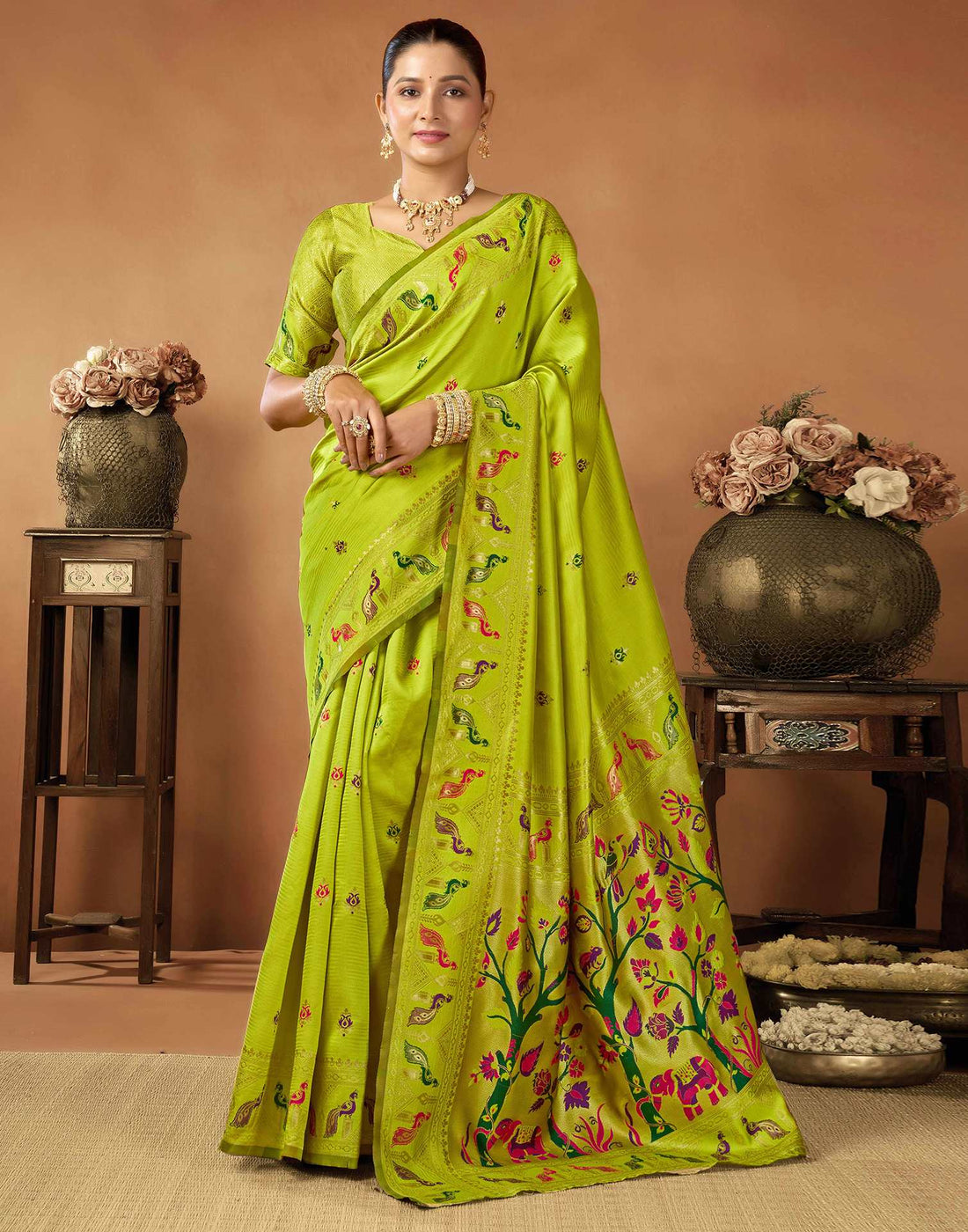 Lime Green Silk Woven Paithani Saree