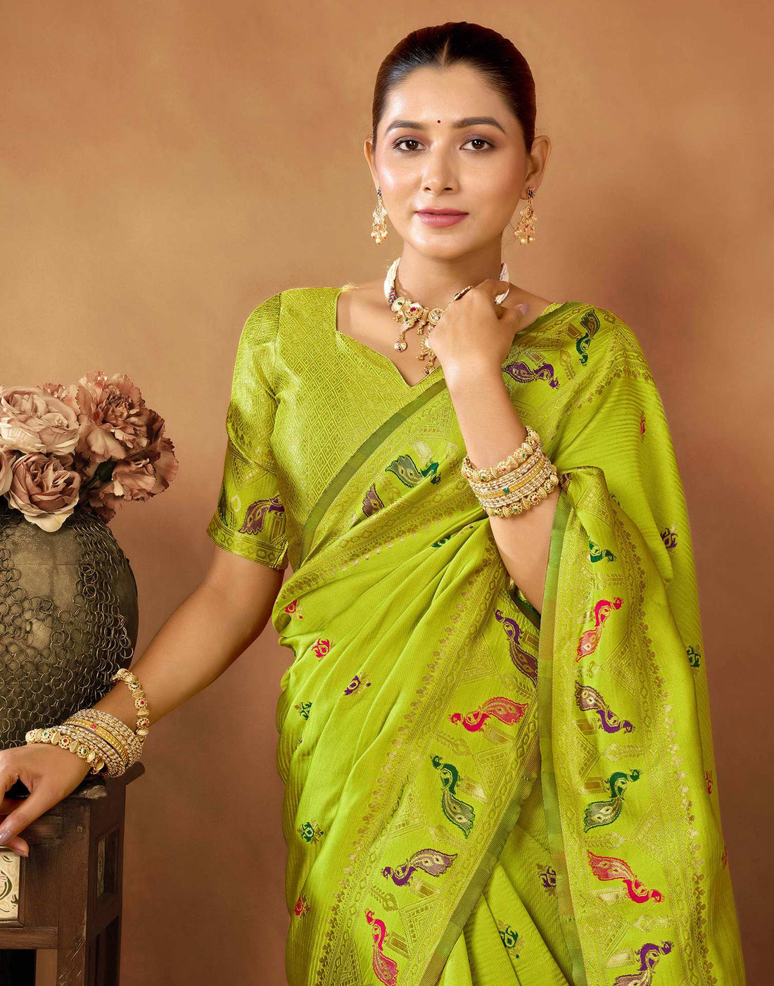 Lime Green Silk Woven Paithani Saree