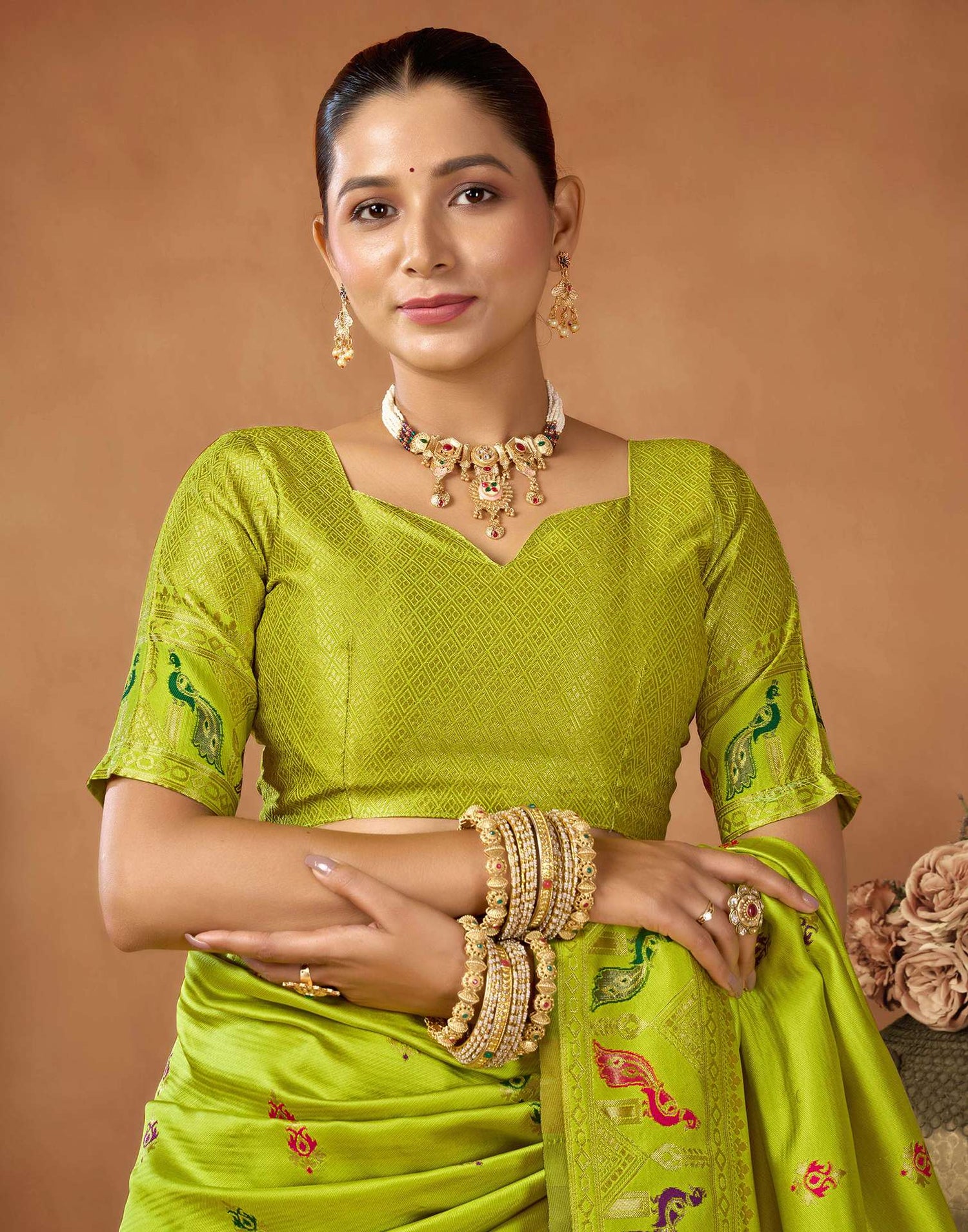 Lime Green Silk Woven Paithani Saree