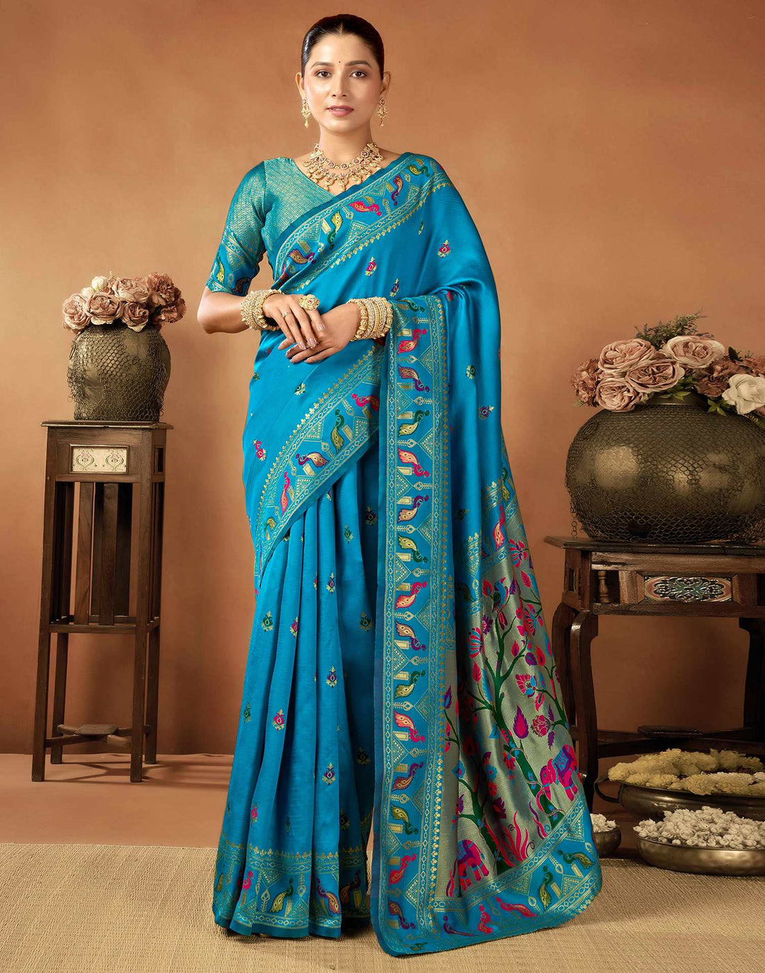 Peacock Blue Silk Woven Paithani Saree