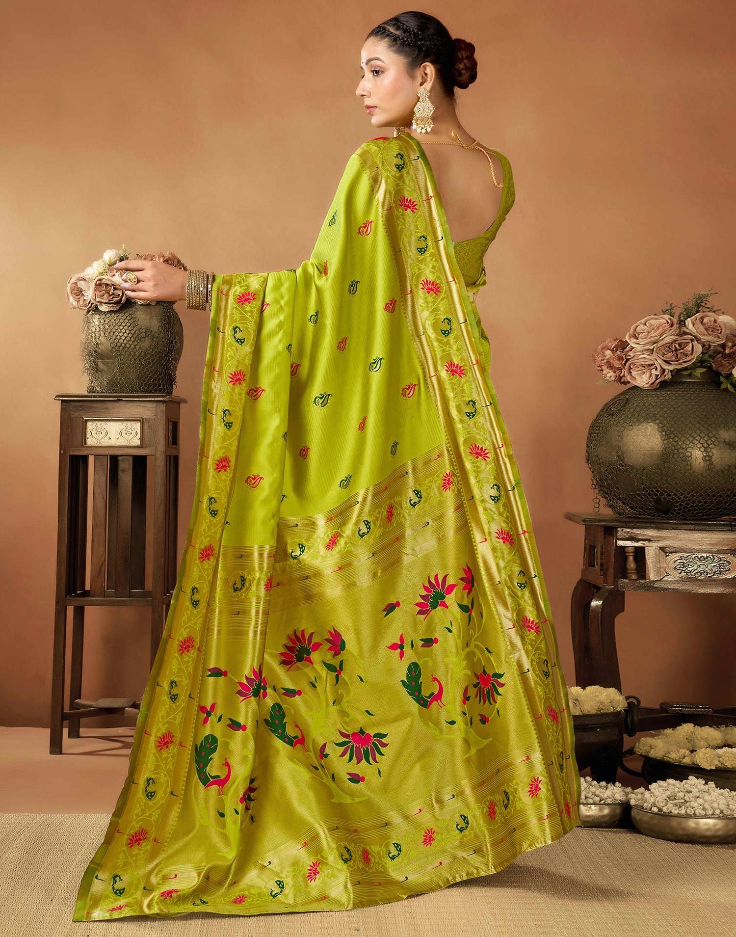 Lime Green Silk Woven Paithani Saree