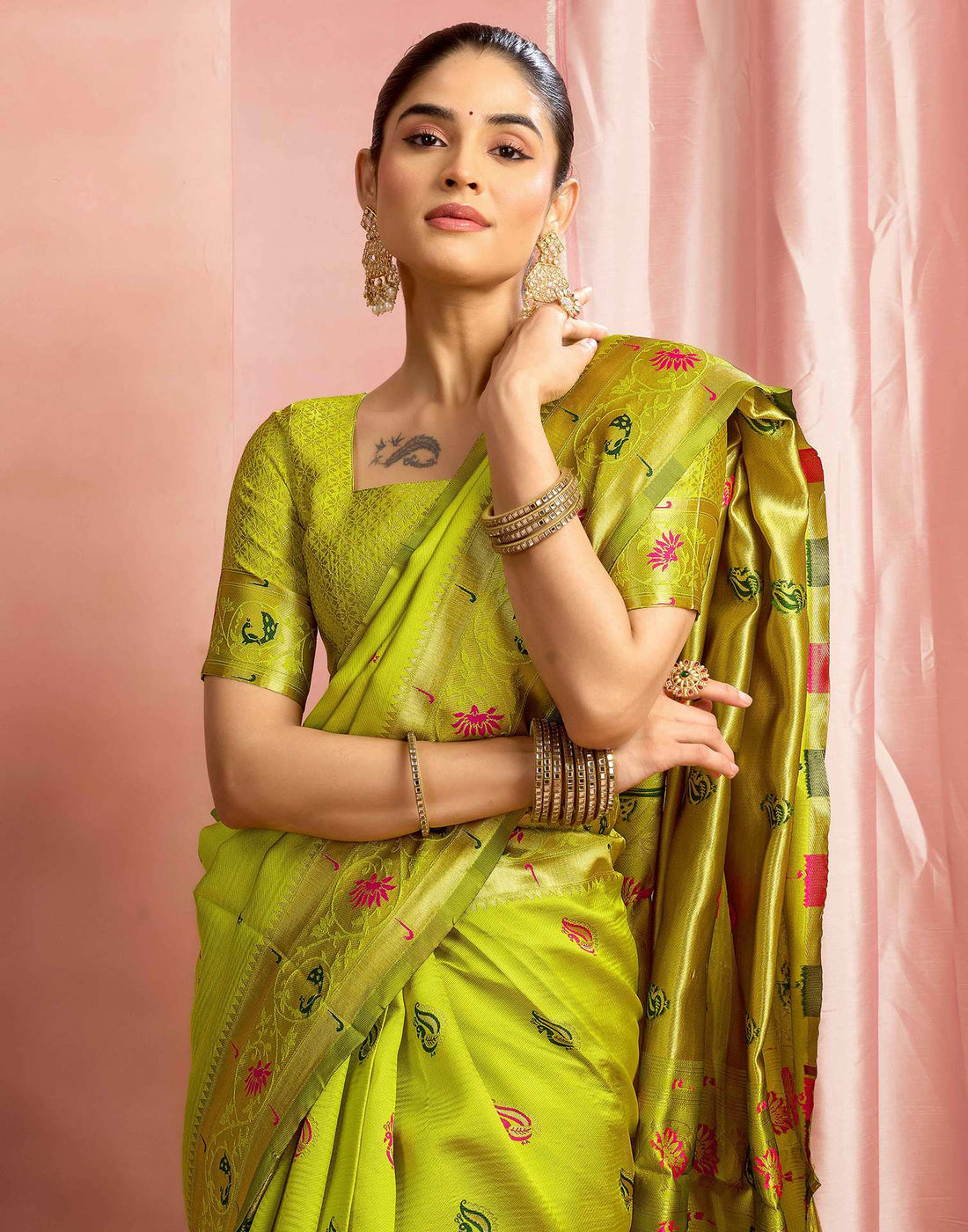 Lime Green Silk Woven Paithani Saree