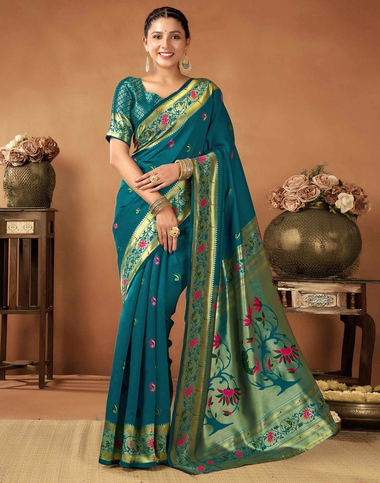 Teal Blue Silk Woven Paithani Saree