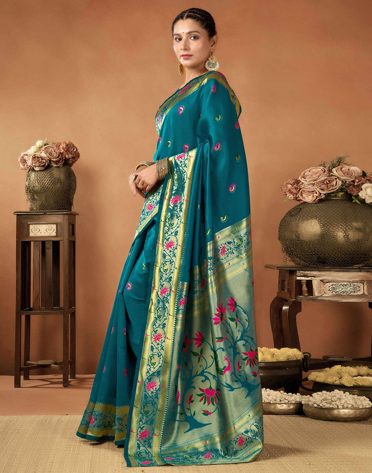 Teal Blue Silk Woven Paithani Saree