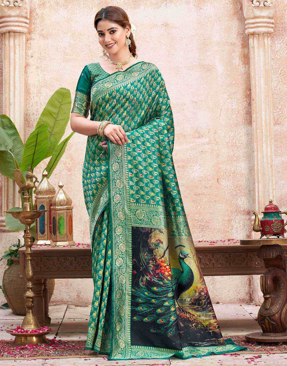 Teal Green Silk Woven Banarasi Saree