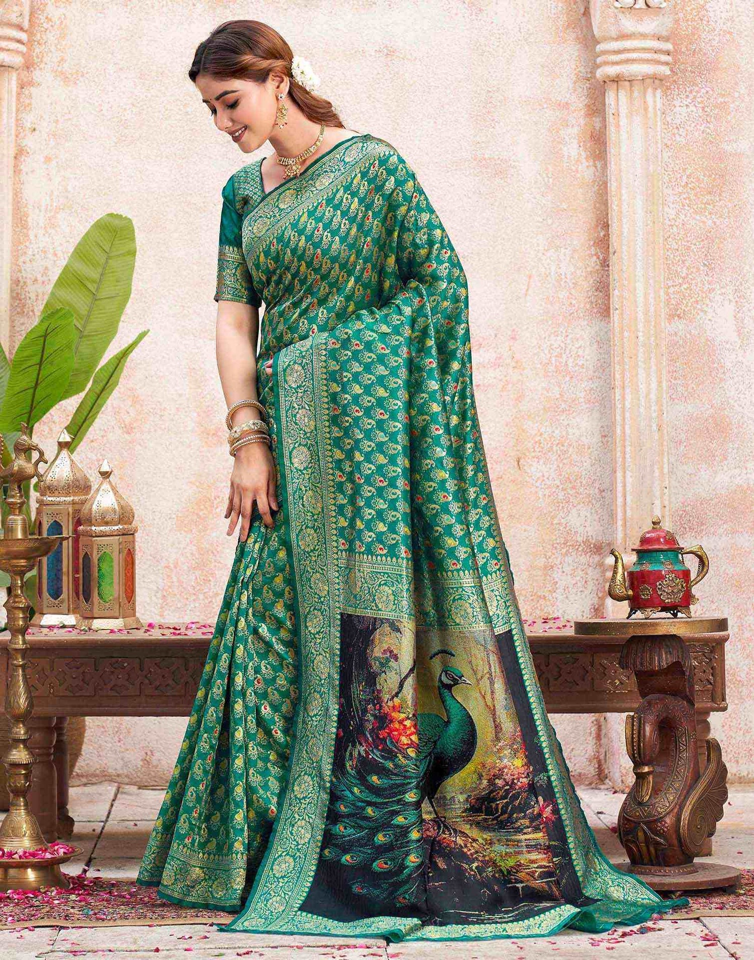 Teal Green Silk Woven Banarasi Saree