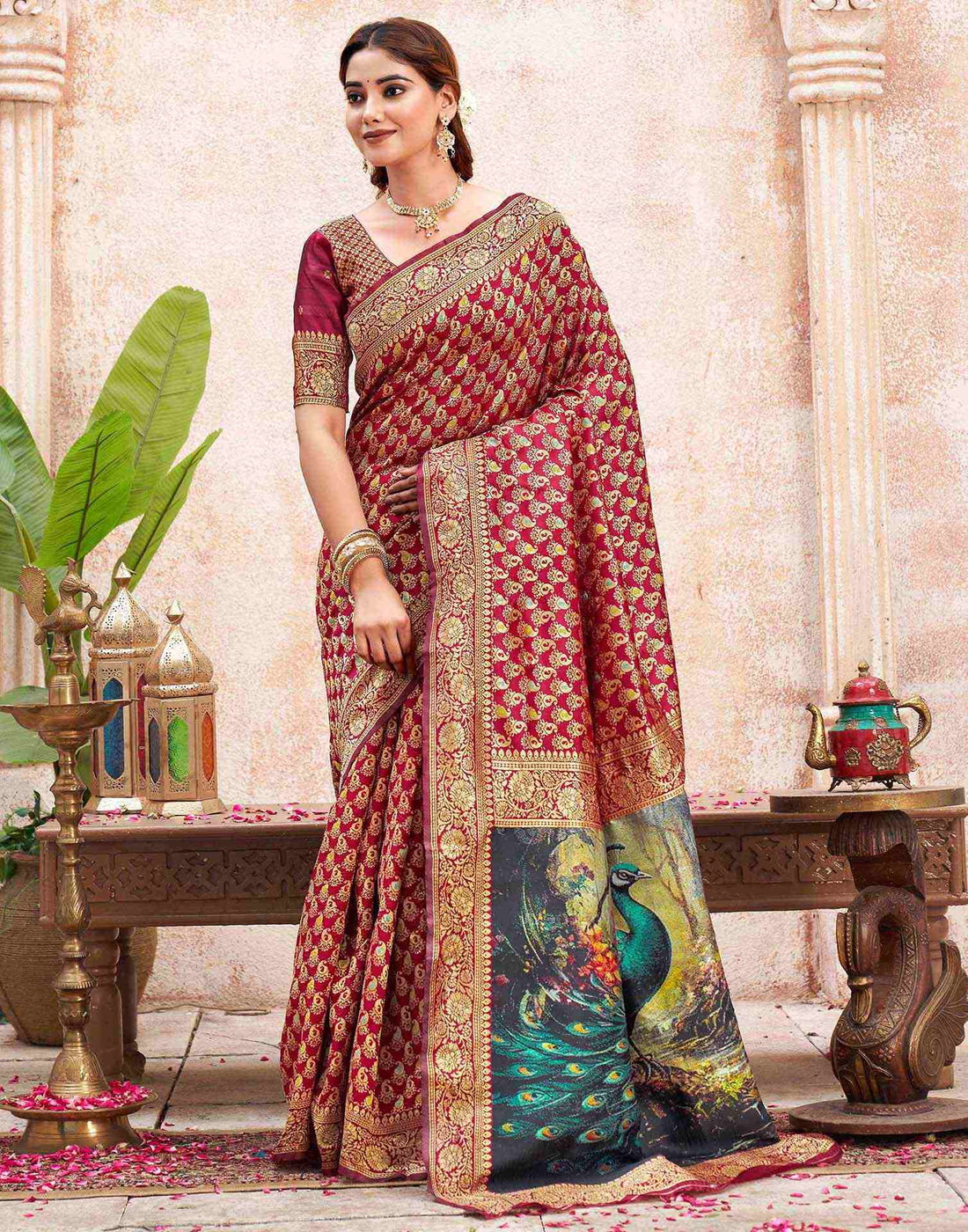 Maroon Silk Woven Banarasi Saree