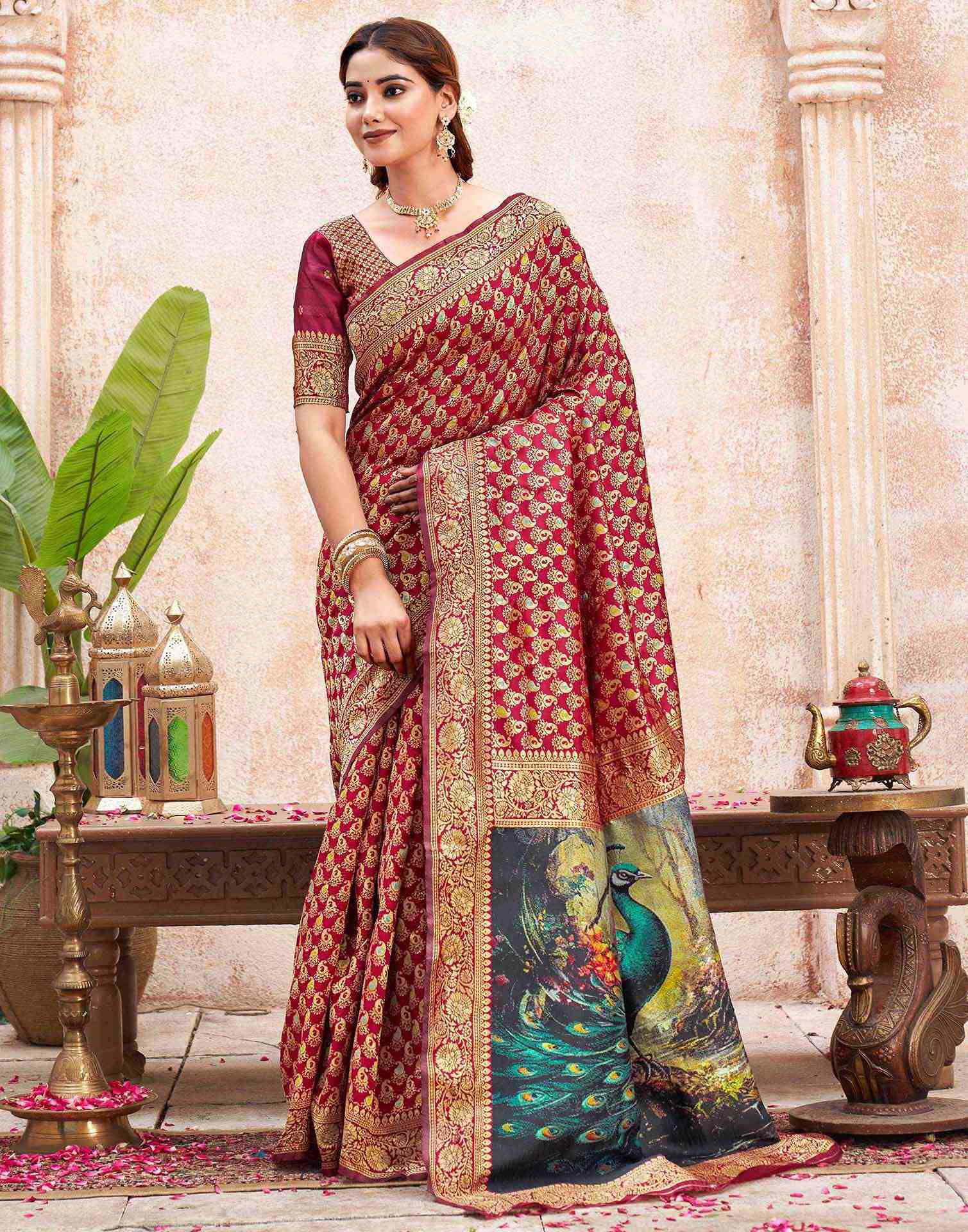 Maroon Silk Woven Banarasi Saree