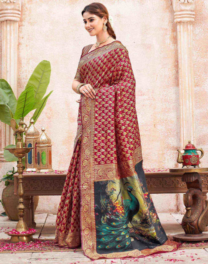 Maroon Silk Woven Banarasi Saree