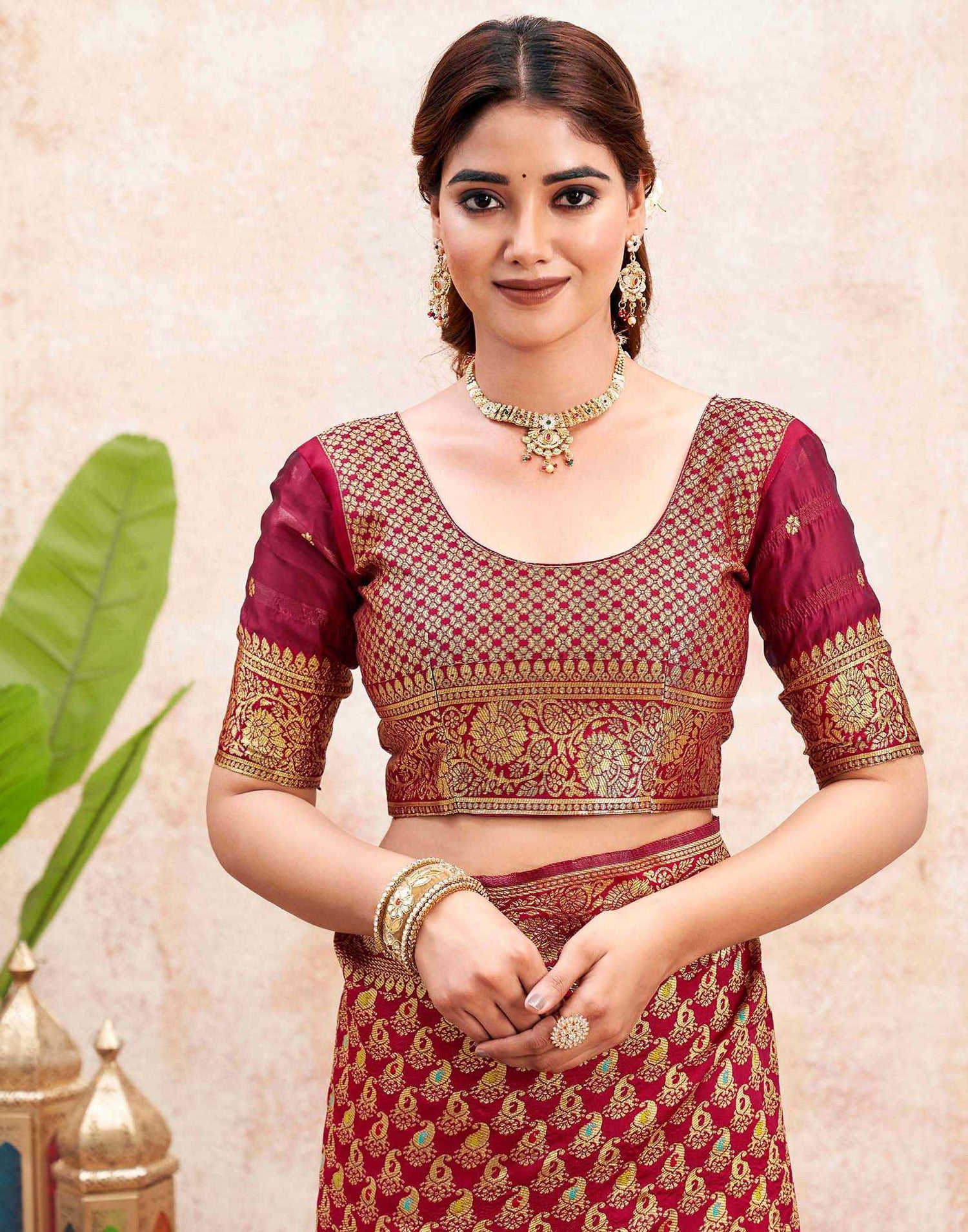 Maroon Silk Woven Banarasi Saree