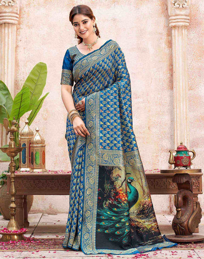 Peacock Blue Silk Woven Banarasi Saree
