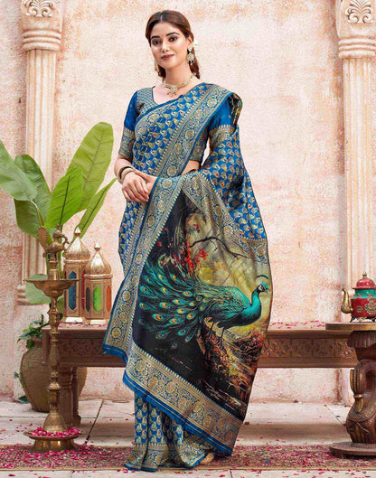 Peacock Blue Silk Woven Banarasi Saree