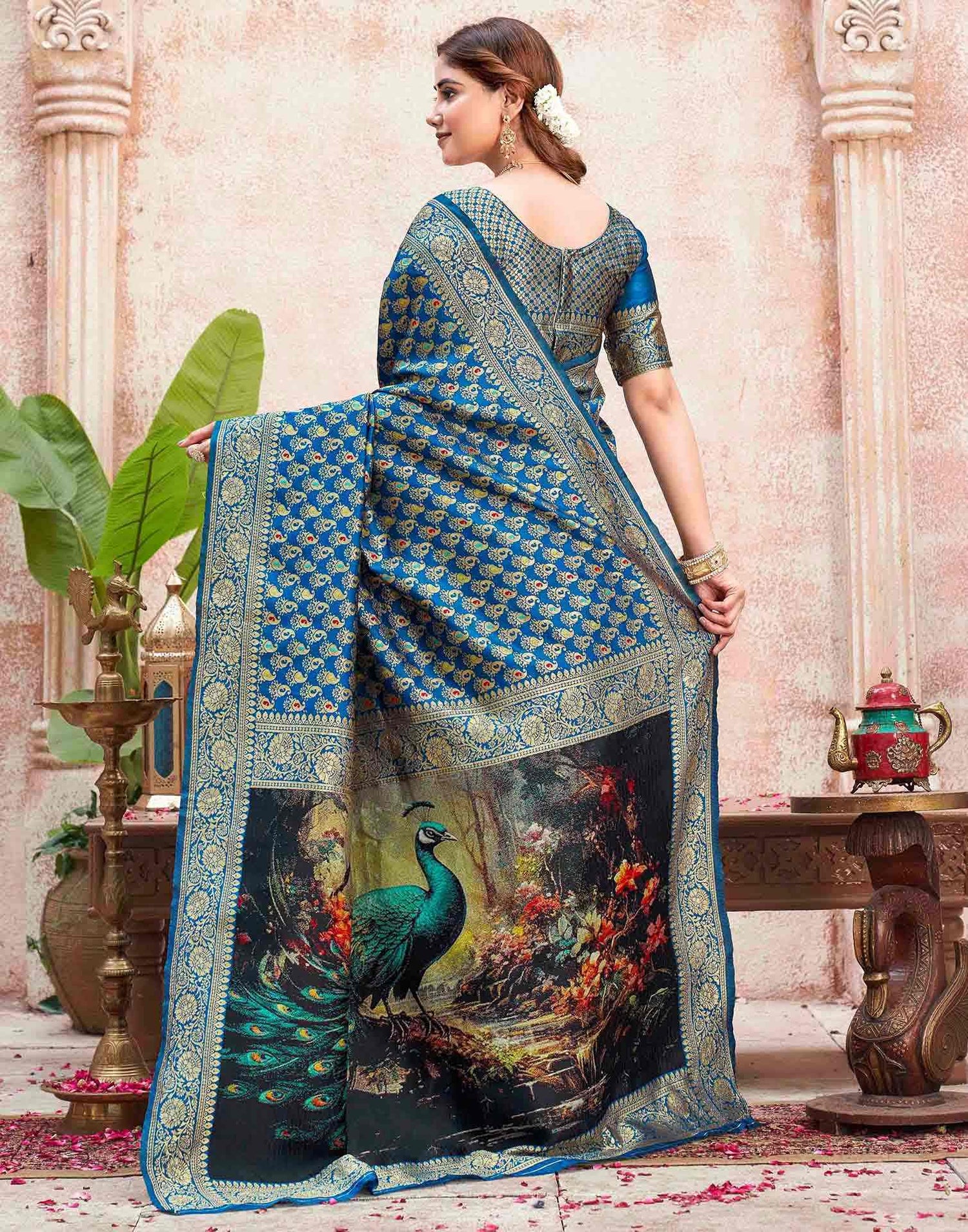 Peacock Blue Silk Woven Banarasi Saree