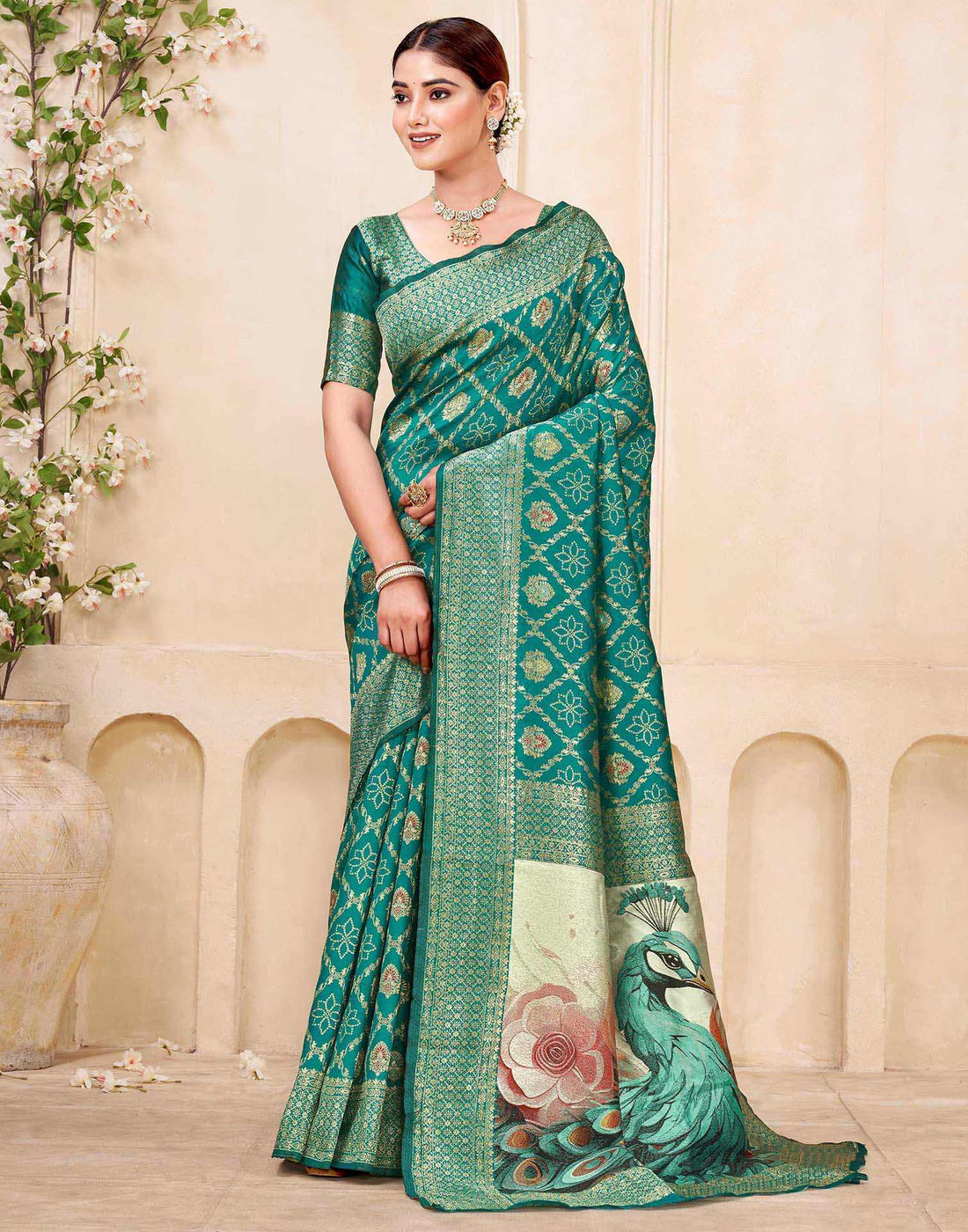 Teal Green Silk Woven Banarasi Saree