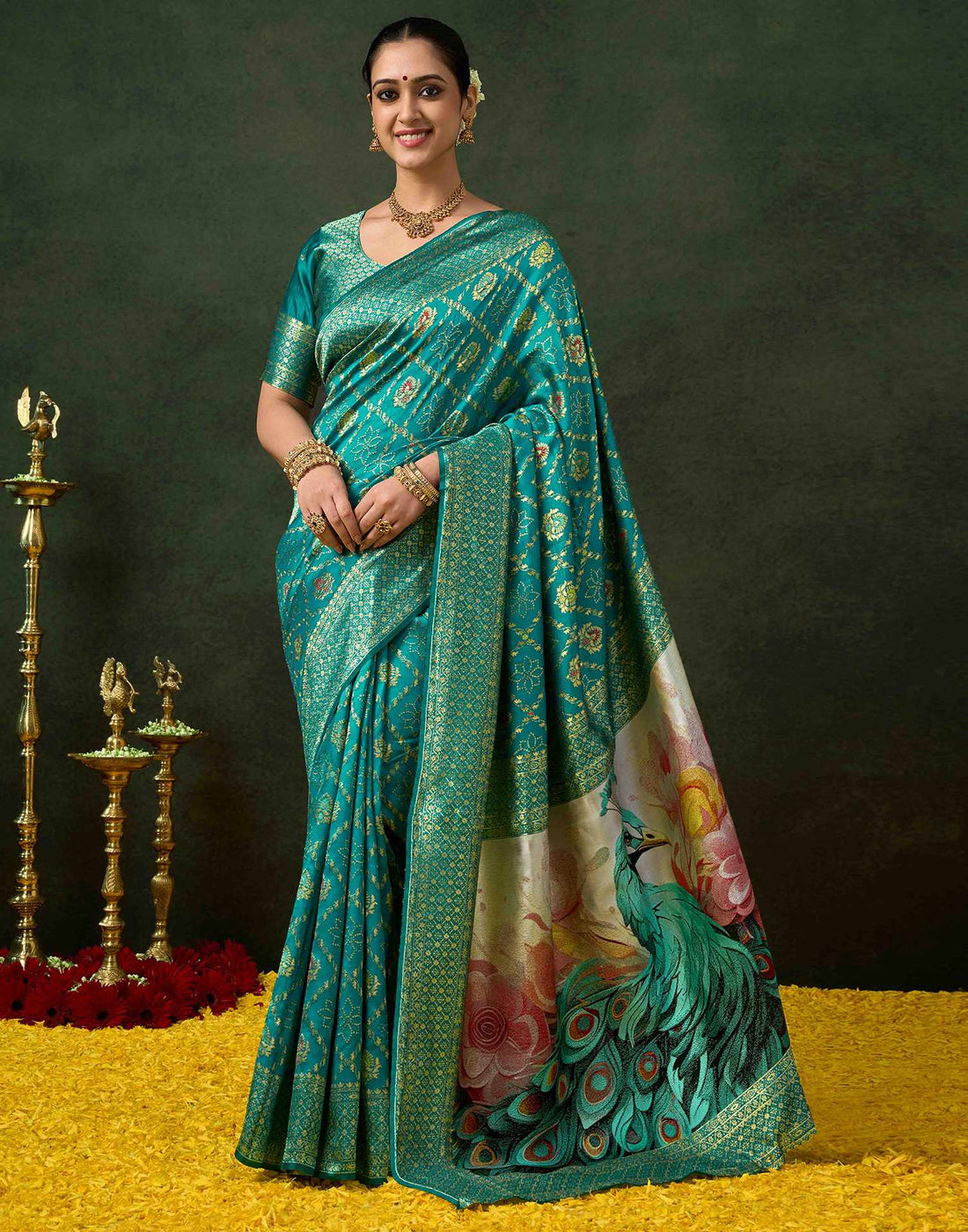 Teal Green Silk Woven Banarasi Saree