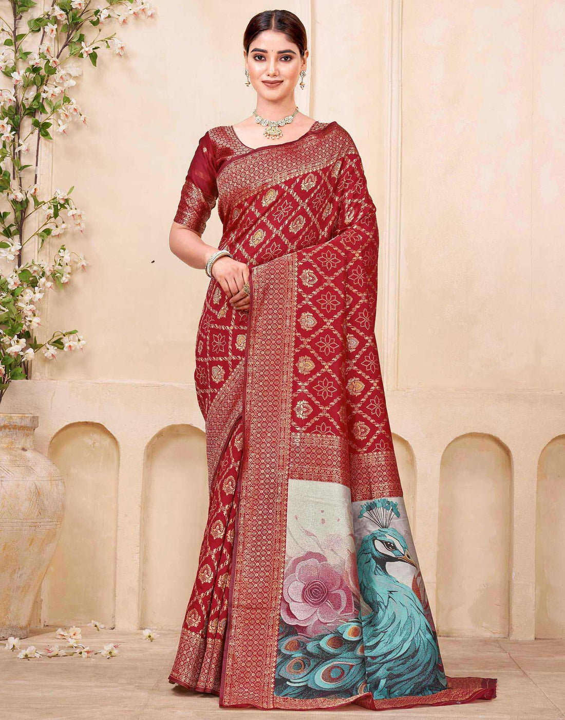 Maroon Silk Woven Banarasi Saree