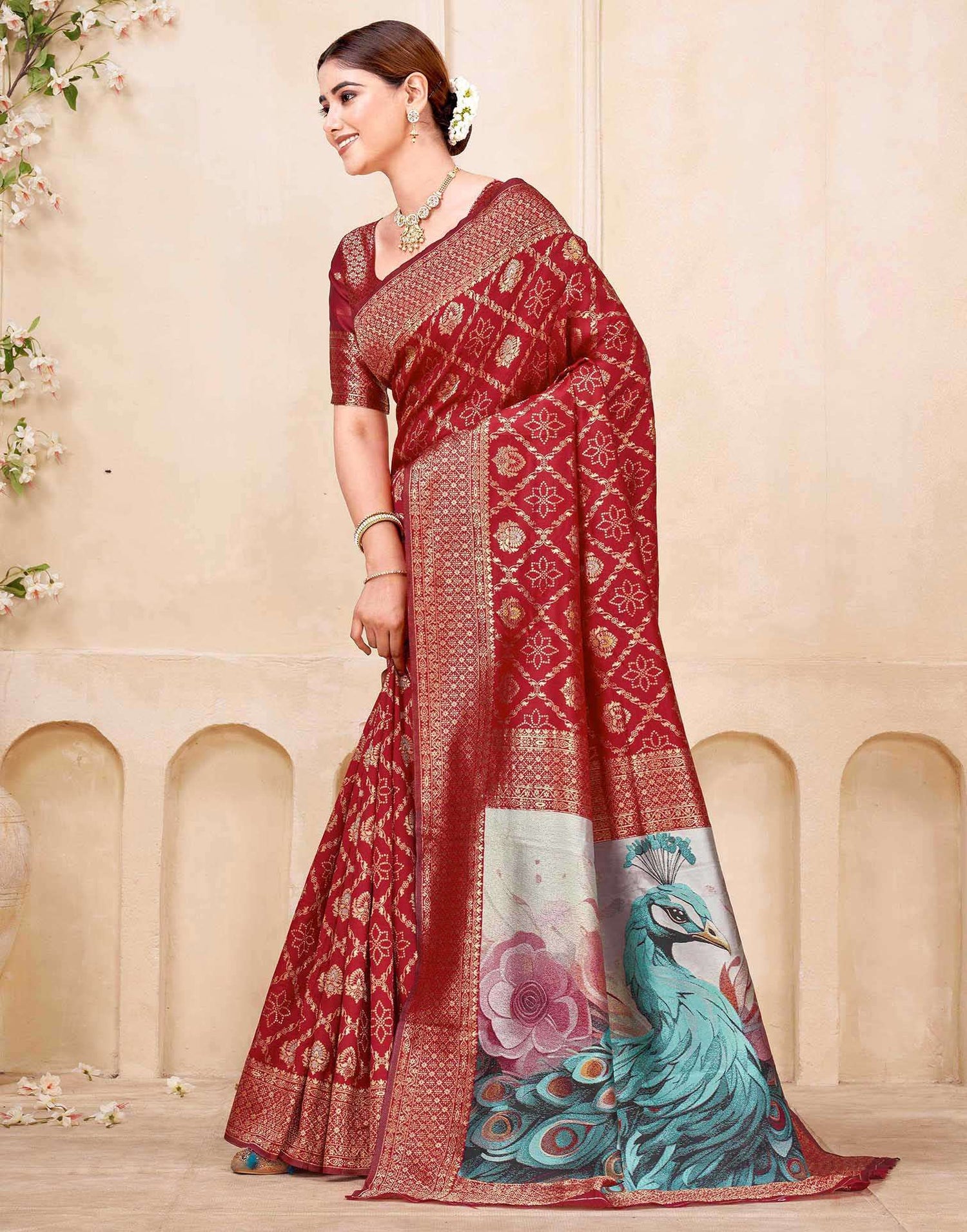 Maroon Silk Woven Banarasi Saree