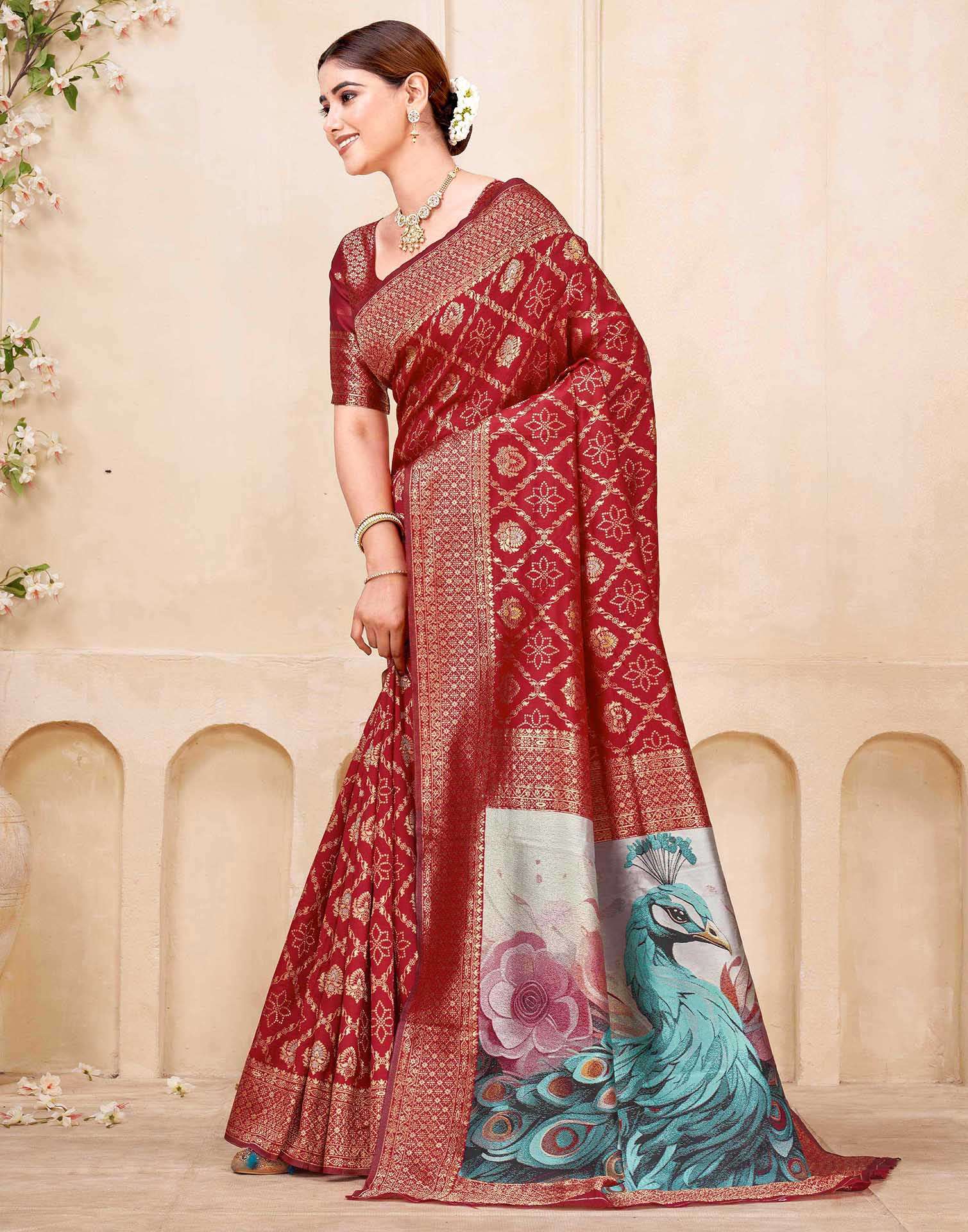 Maroon Silk Woven Banarasi Saree