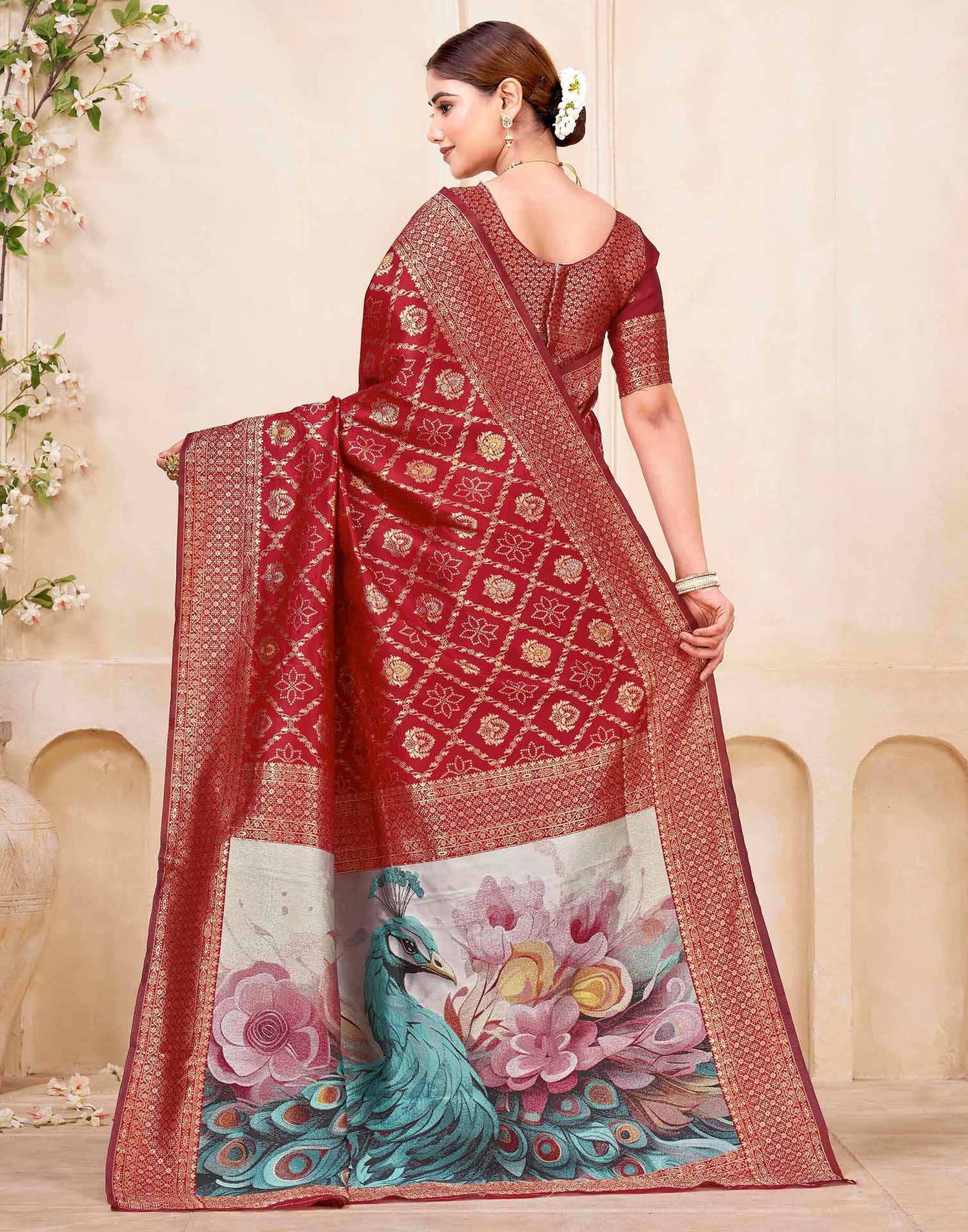 Maroon Silk Woven Banarasi Saree